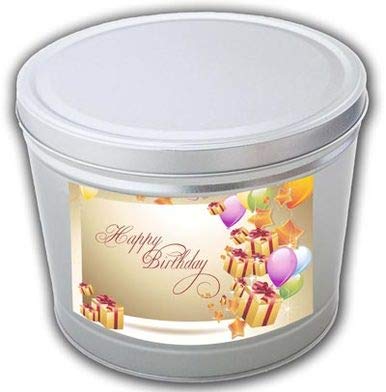 Happy Birthday Popcorn Gift Tin - 3.5 Gallon White Popcorn Container for Parties, Movie Nights & Celebrations