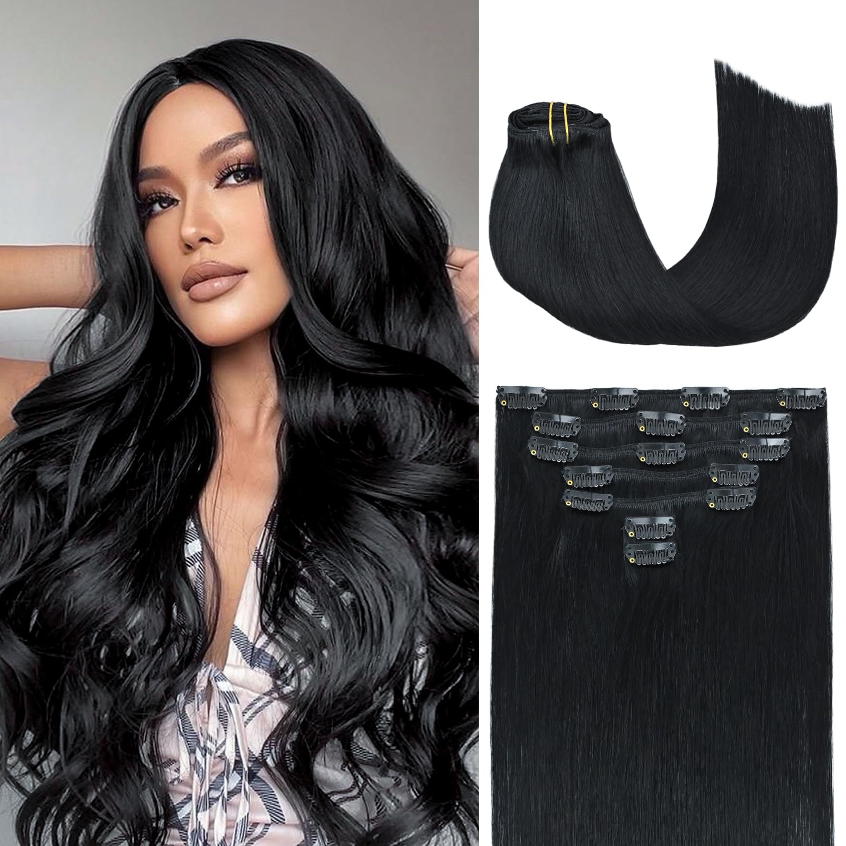 Honsoo Clip In Human Hair Extensions 22 Inch Jet Black - 100% Remy Human Hair, 7pcs 70g, Soft & Natural Looking Hair Extensions for Women | Perfect for Daily Wear, Parties, Weddings & Special Occasions