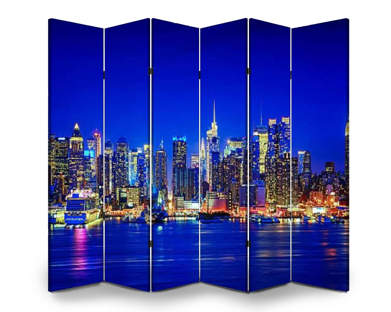 6 Panel Folding Room Divider - NYC Hudson River Panorama Canvas Privacy Screen | Freestanding Indoor Partition Wall for Home, Office & Studio Decor | Bedroom Separator, Living Room Divider, Event Space Divider