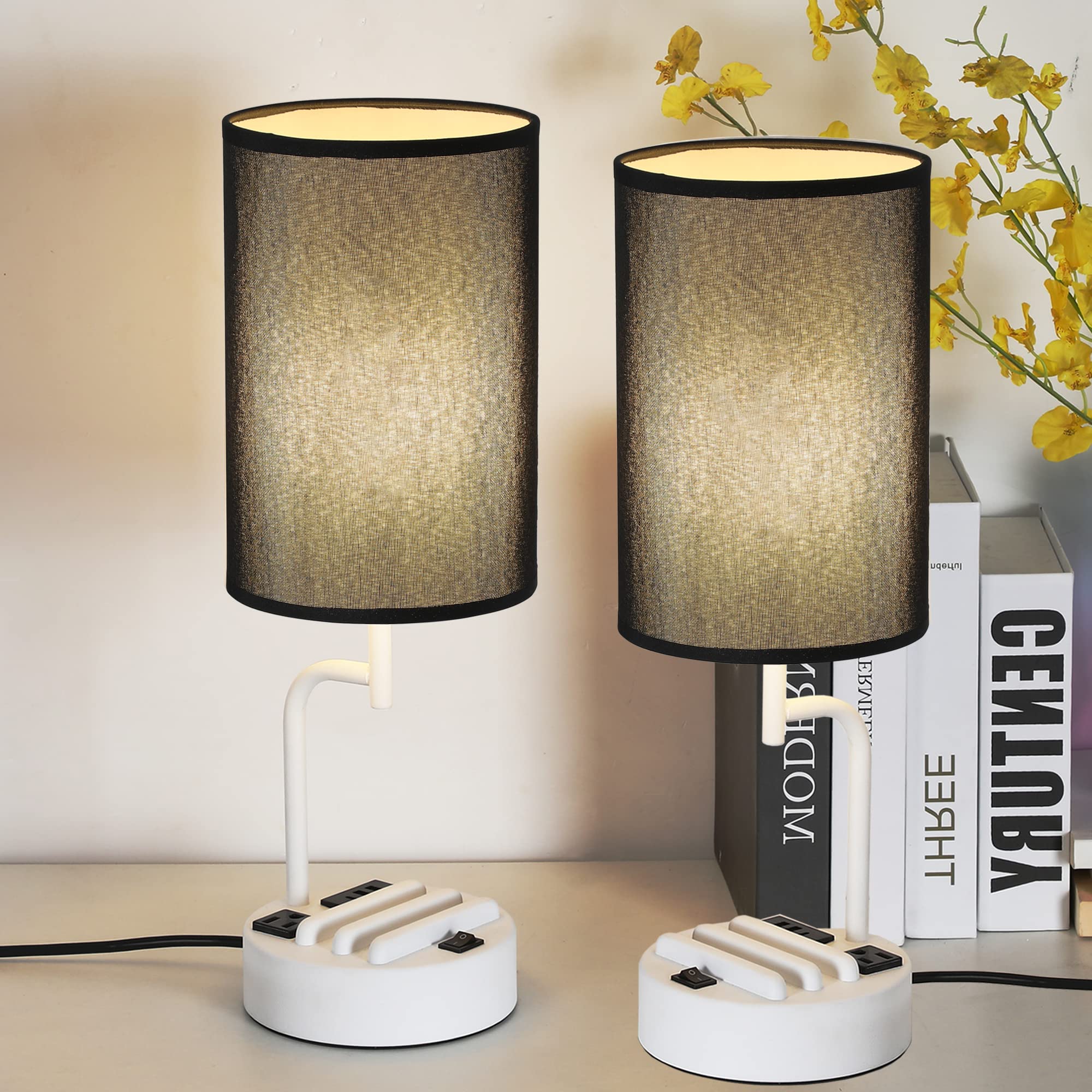 Dreamholder Modern Table Lamp with 3 USB Ports & AC Outlet - Dual Phone Stands, Adjustable Brightness Night Light for Bedroom, Living Room, Office - Set of 2 (White & Black) | Perfect for Charging Devices, Reading & Home Decor