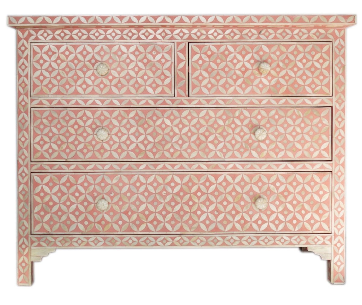 Handmade Bone Inlay Dresser with 4 Drawers - Pink Geometric Design Wooden Chest | Vintage Boho Bedroom Furniture for Storage & Organization - Perfect for Master Bedroom, Guest Room or Dorm Decor