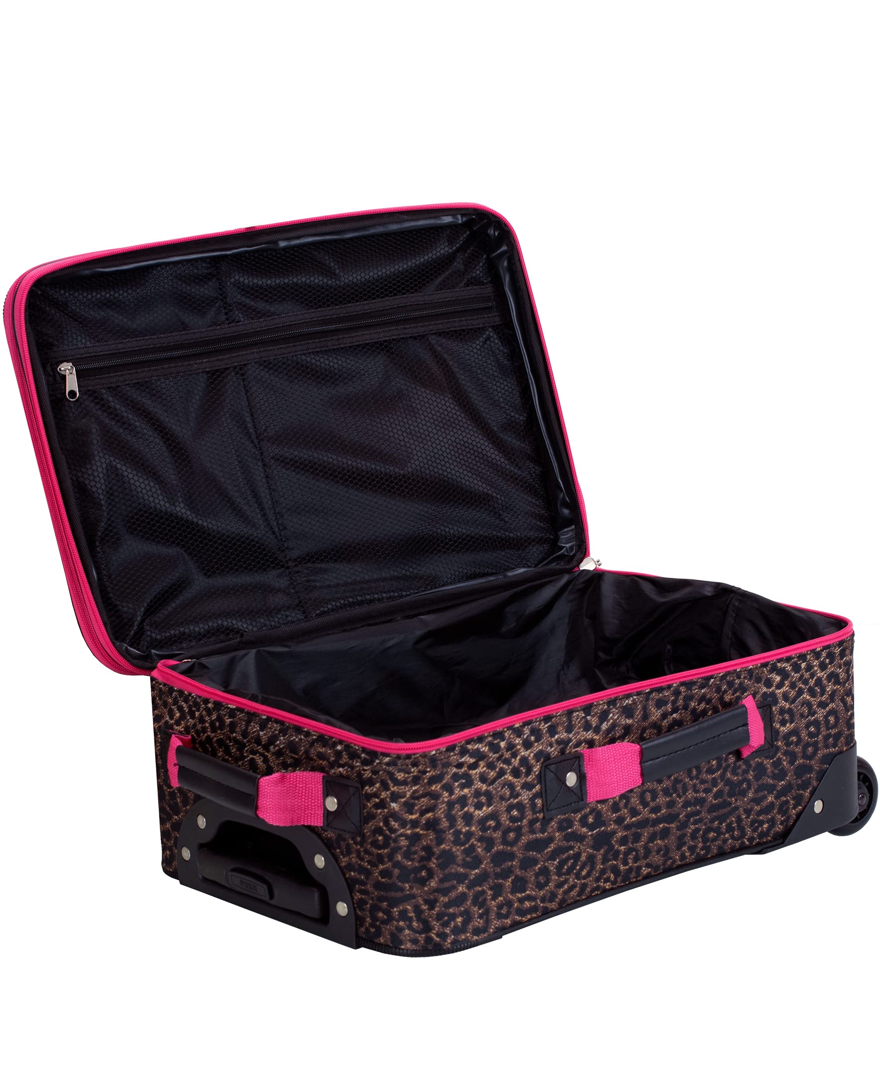 Rockland Jungle Softside Upright Luggage Set - 4-Piece Pink Leopard Print Suitcase (14/29/24/28 Inch) for Travel, Vacation & Business Trips - Lightweight Durable Spinner Luggage with TSA Lock