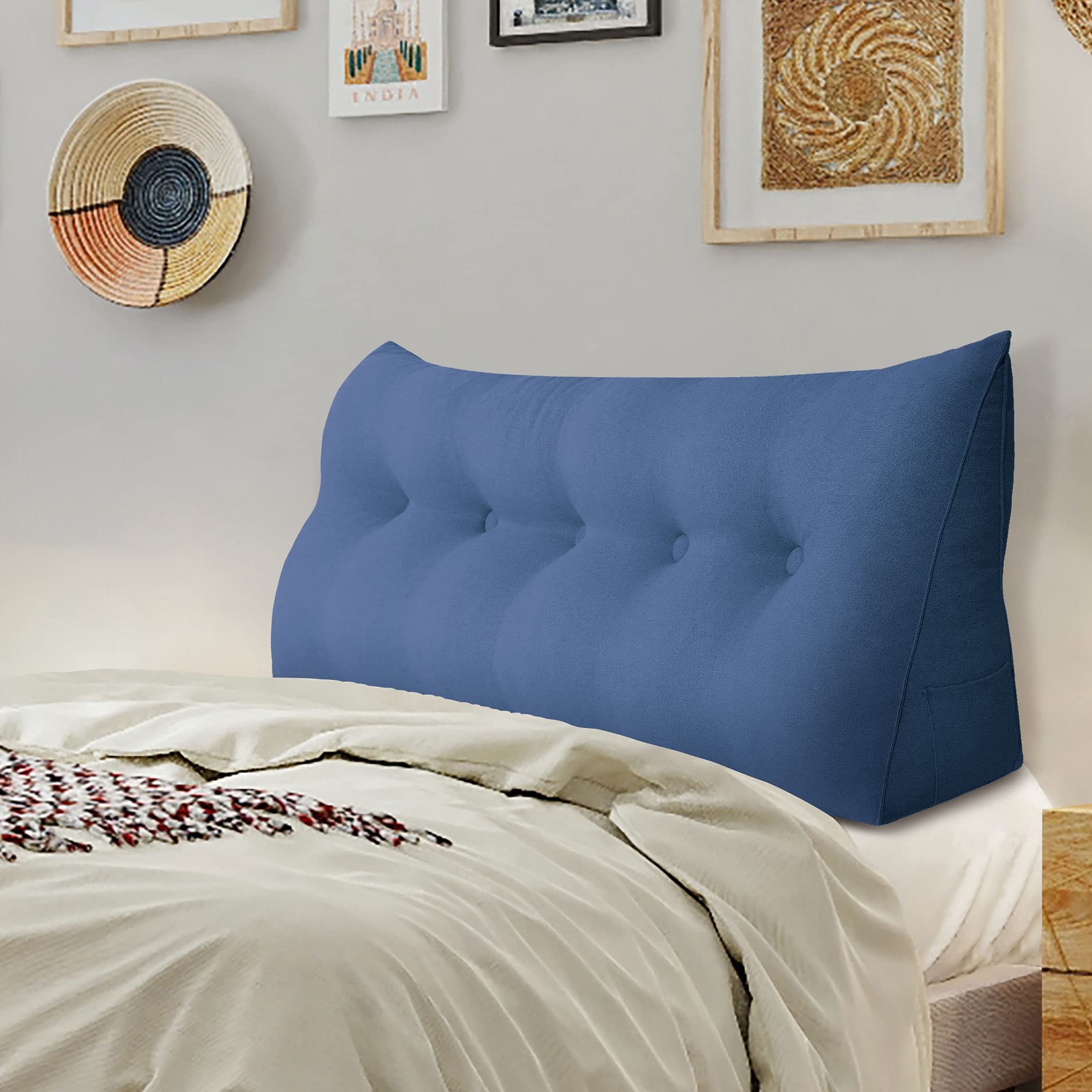 WOWMAX Queen Size Upholstered Headboard Pillow - Button Tufted Fabric Bed Backboard, Portable & Washable Cotton Linen Blue | Perfect for Bedroom Decor, Guest Rooms & Small Space Living