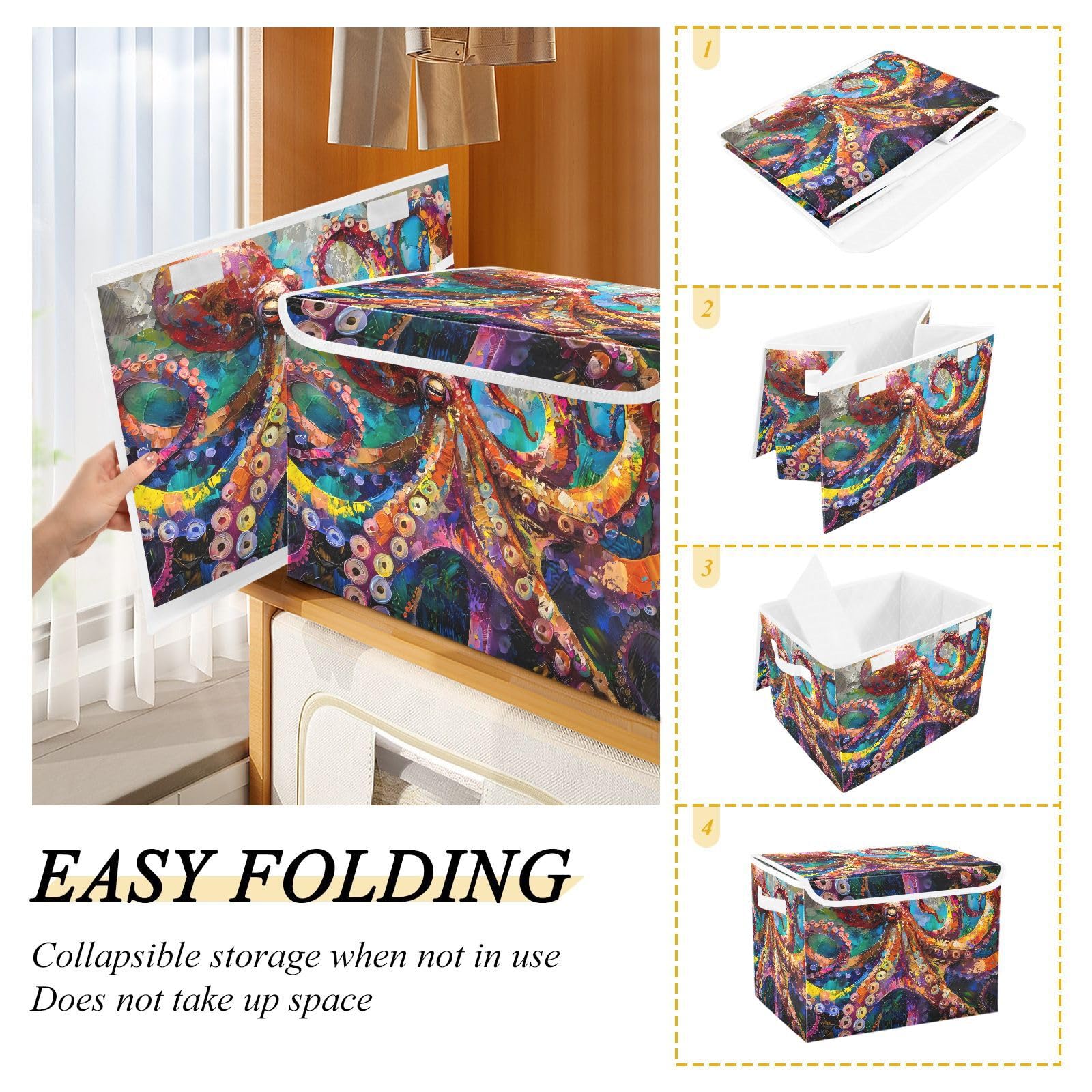 Colorful Marine Animal Collapsible Fabric Storage Bins with Lids & Handles - 16.5×12.6×11.8 Inch Foldable Storage Cubes for Bedroom, Closet, Office & Kids' Room Organization