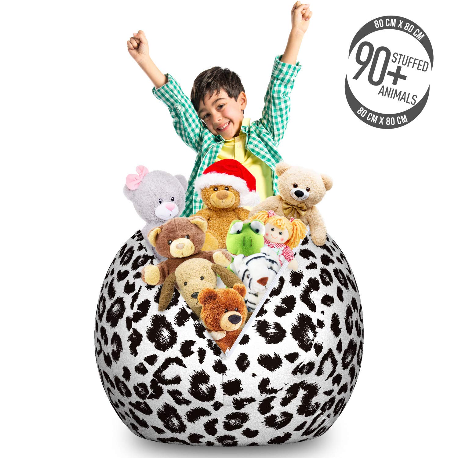 Ambesonne Leopard Print Storage Toy Bag Chair - Large Washable Stuffed Animal Organizer with Monochrome Sketchy Spots Design, Charcoal Grey & White - Perfect for Kids' Room, Playroom & Nursery Organization