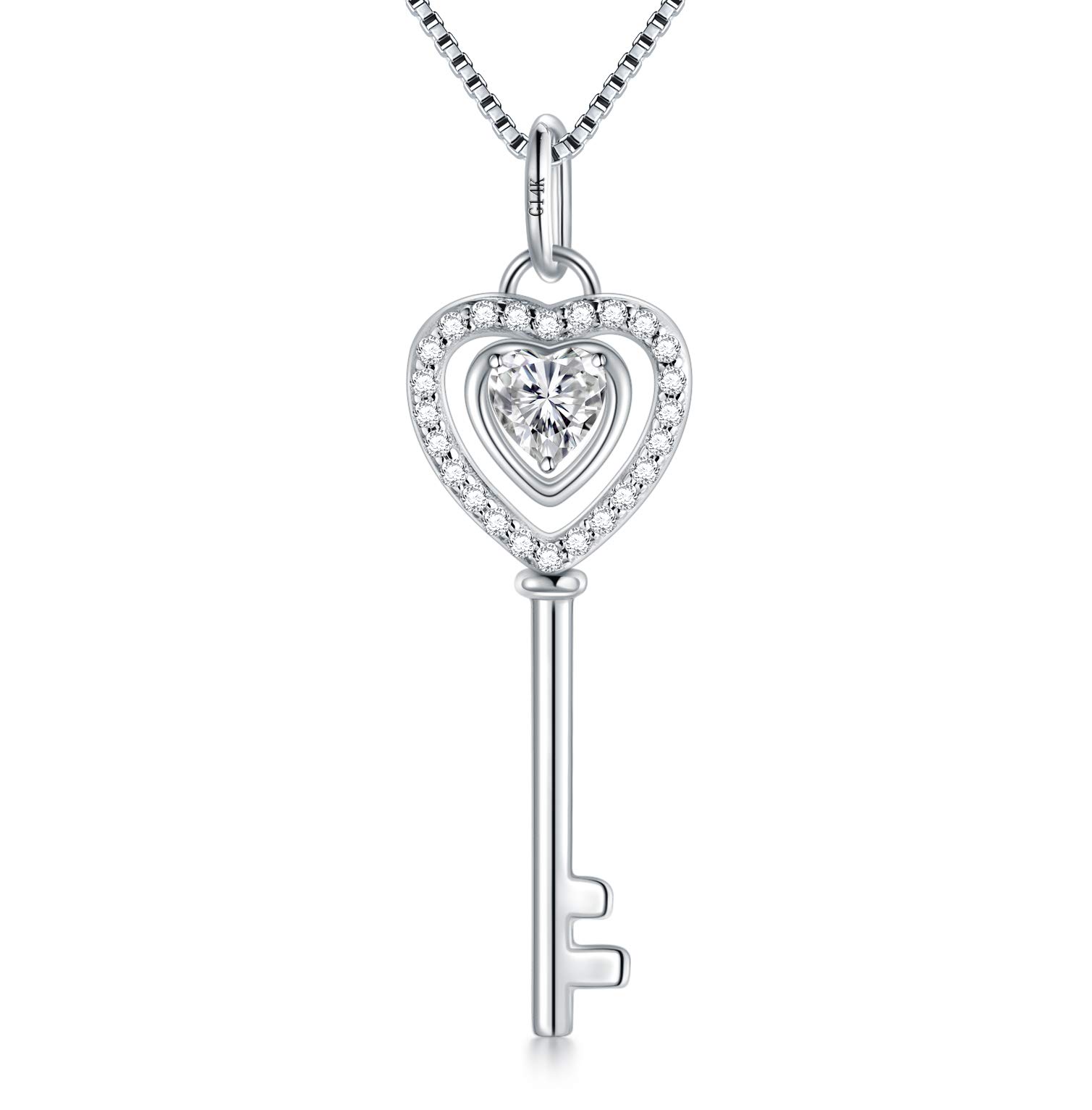 14K Real Gold Moissanite Heart Key Pendant Necklace for Women - 0.55 Carat White Gold Key Necklace Jewelry Gift for Birthday, Anniversary, Valentine's Day - 16-18 Inch Adjustable Chain - Perfect for Date Night, Wedding, Special Occasions