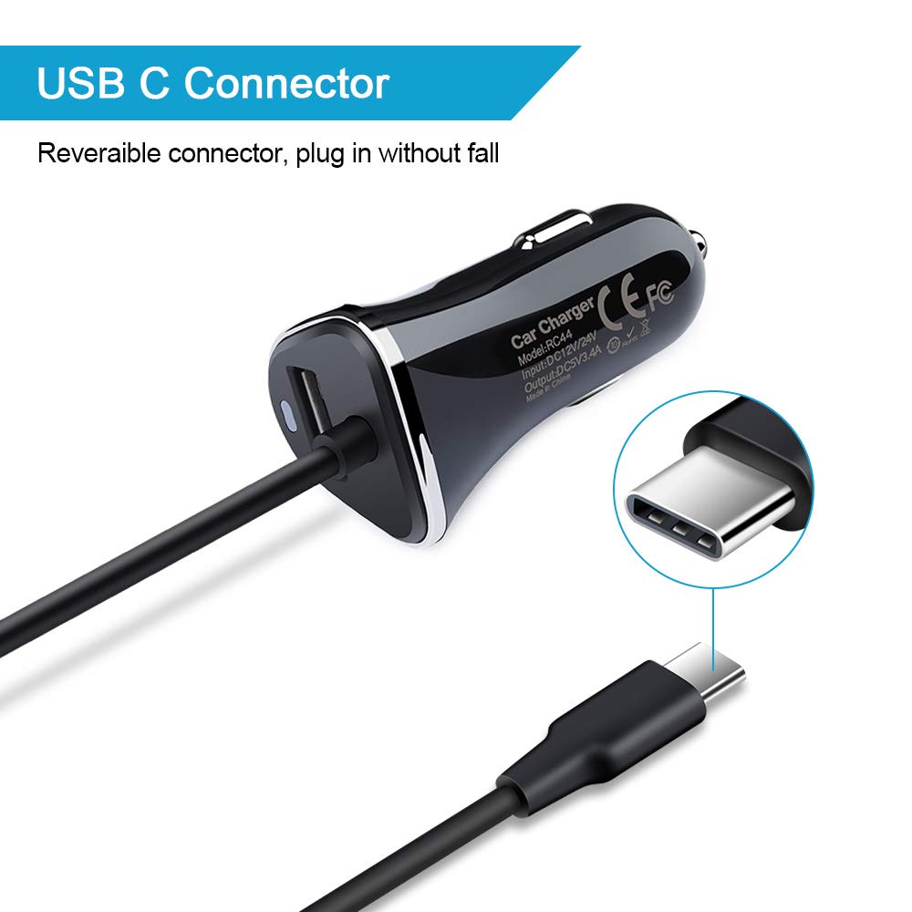 Fast Charging USB Type C Car Charger 3.4A with 3ft Cable - Compatible with Samsung Galaxy S23/S22/S21/S20, Note 20/10, LG G8/G7/V60 & More - Perfect for Road Trips & Daily Commuting