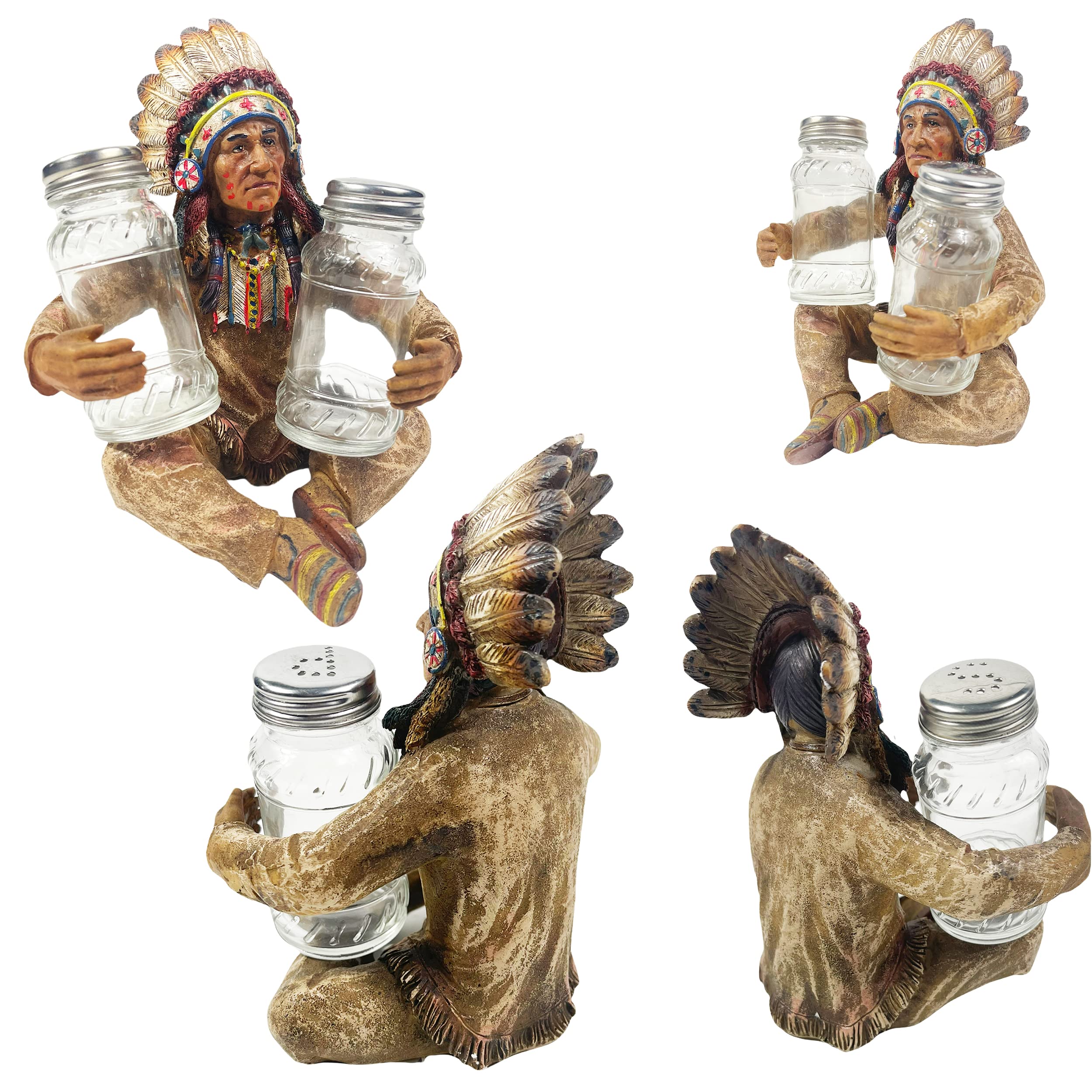 Western Indian Chief Salt and Pepper Shaker Set - Rustic Cowboy Kitchen Decor with Feathers & Star Buckle Design - Perfect for Farmhouse, Ranch, and Country Western Dinner Table Decorations