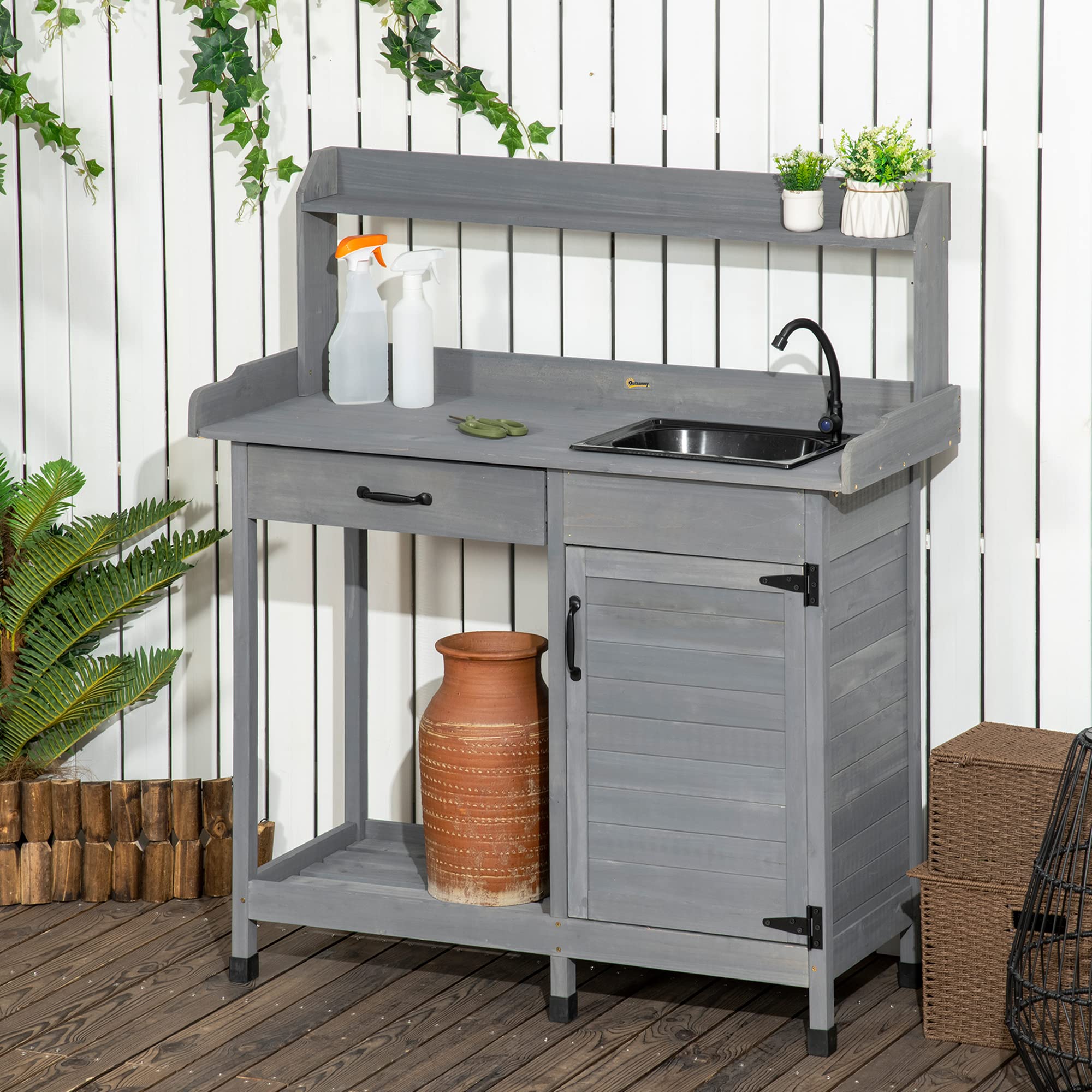 Outsunny Potting Bench with Sink & Storage | Heavy Duty Outdoor Work Table with Cabinet, Hooks, Removable Sink & Faucet | Perfect for Gardening, Greenhouse, Patio & Backyard Organizing | Gray