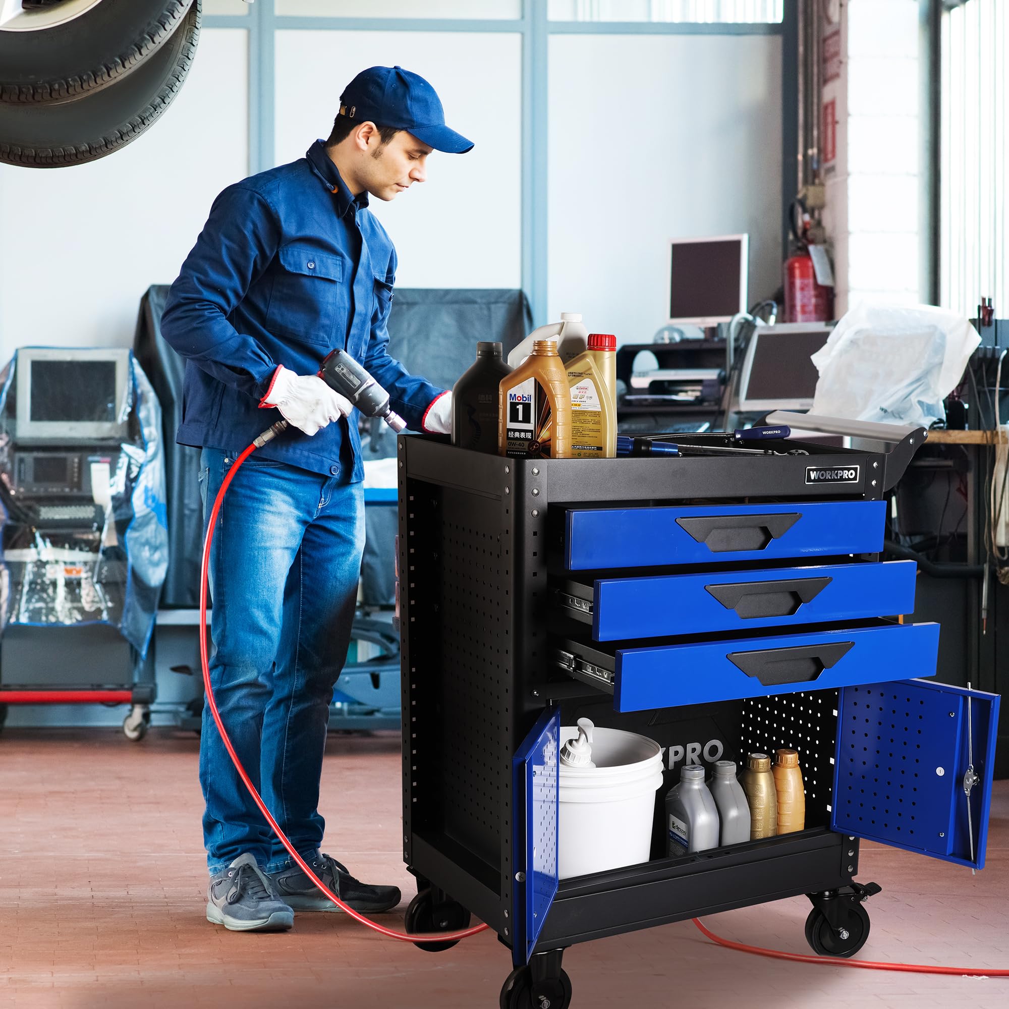WORKPRO 27.5 Inch 3-Drawer Rolling Tool Chest with Wheels - Heavy Duty Steel Tool Cabinet with Drawers, Liners & Locking System - Portable Tool Storage for Garage, Workshop, Warehouse & Home Use (Black & Blue)