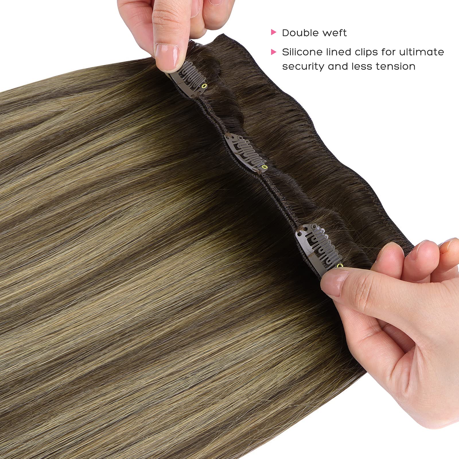 Marat Clip in Human Hair Extensions 14 Inch 120g - Balayage Chocolate Brown to Honey Blonde Straight Hair Weft - Perfect for Daily Styling, Parties & Special Occasions
