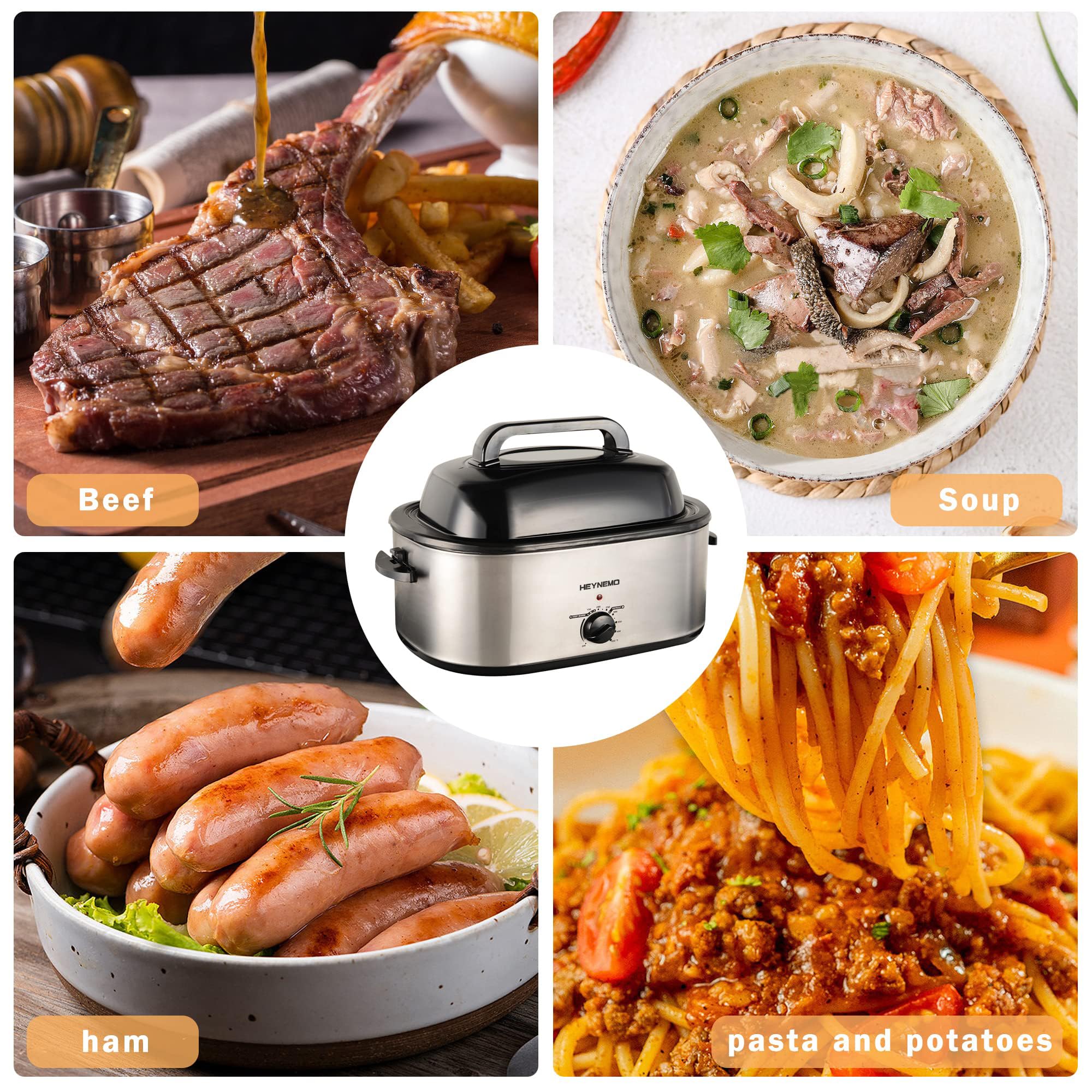 24 Qt Electric Roaster Oven with Viewing Lid - Large Stainless Steel Turkey Roaster for Thanksgiving, Holiday Cooking & Family Gatherings - Perfect for Roasting Turkey, Chicken, Beef & Baking (Silver)