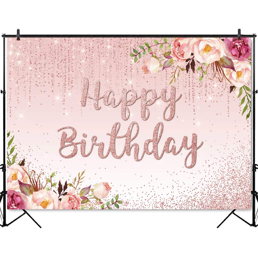 Rose Gold Floral Birthday Backdrop with Pink Glitter Dots - 7x5ft Photo Booth Background for Women's Birthday Party Decorations, Baby Shower & Bridal Shower Decor