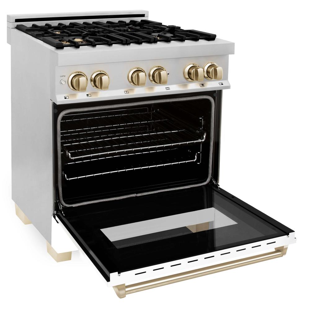 ZLINE Autograph Edition 30-inch Stainless Steel Dual Fuel Range with White Matte Door & Range Hood - Polished Gold Accents (2AKP RAWMRH30 G) | Professional Kitchen Package for Home Chefs & Modern Cooking Enthusiasts