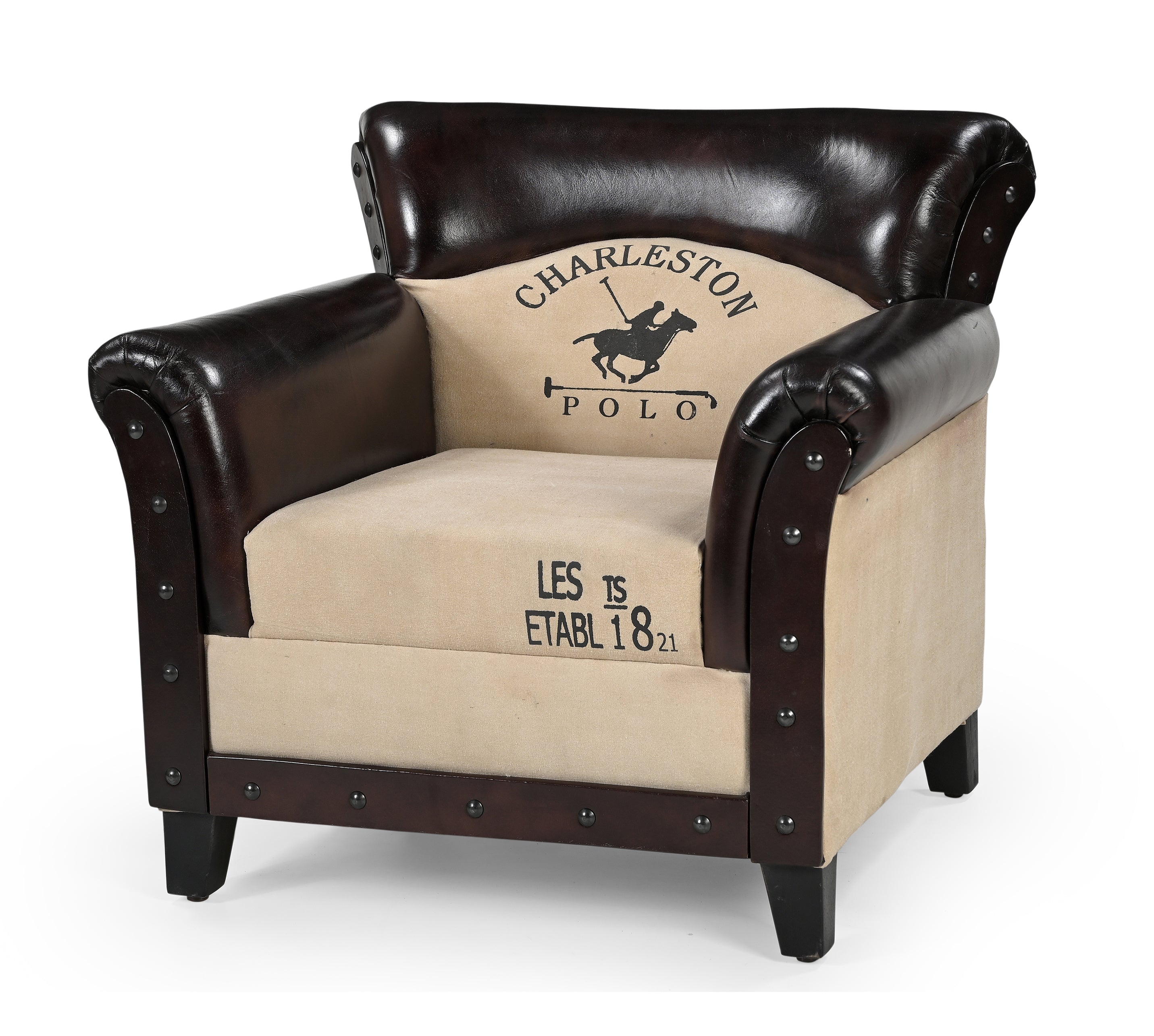 Vintage Rustic Charleston Polo Armchair - Comfortable Accent Lounge Chair for Living Room, Bedroom, or Office Relaxation
