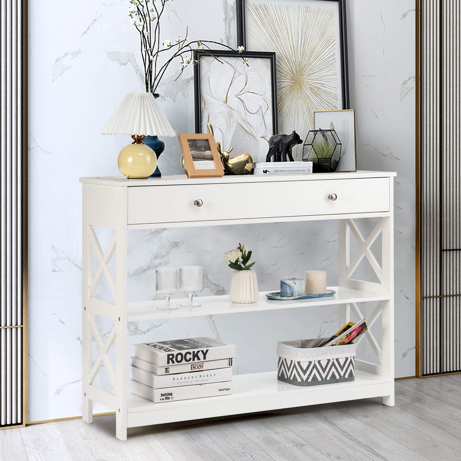 Giantex 3-Tier Console Table with 2 Drawers & Shelves, Modern Entryway Sofa Table with Spacious Desktop - Elegant Hallway, Living Room, Office Side Table (White) | Perfect for Small Spaces, Apartments & Home Décor