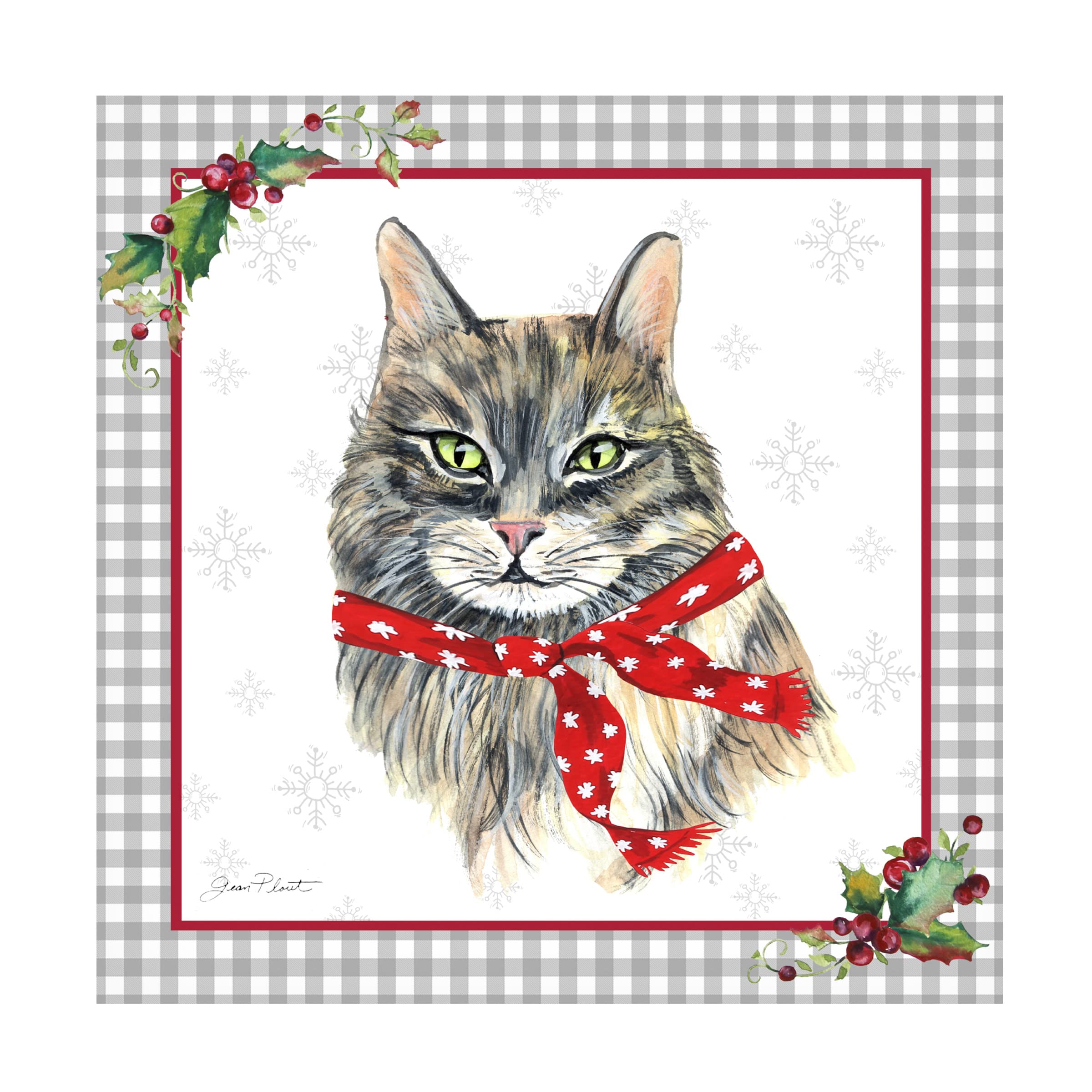 Trademark Fine Art 'Plaid Christmas with Cat F' by Jean Plout - 35x35 Inch Canvas Wall Art - Holiday Home Decor for Living Room, Bedroom & Office
