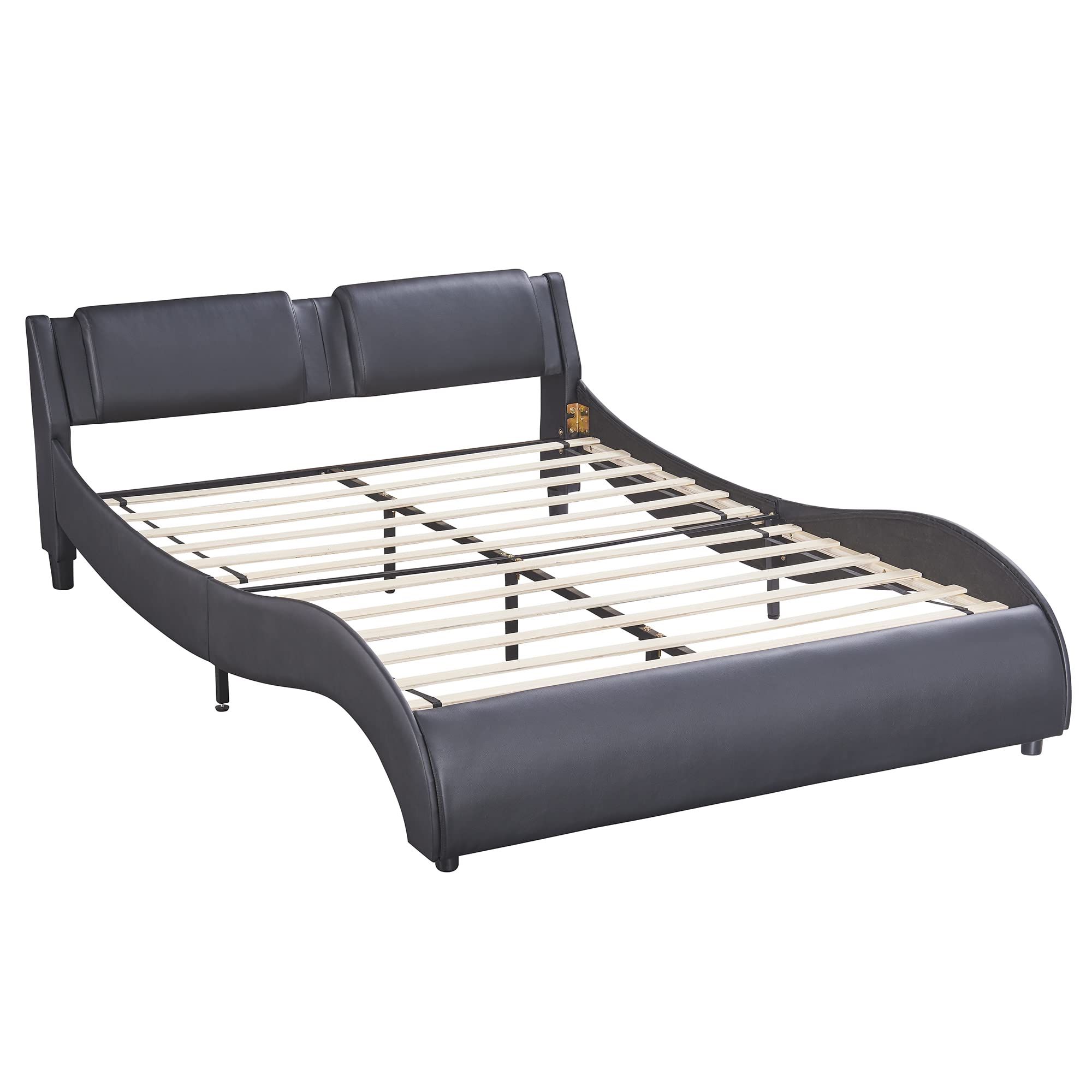 P PURLOVE Full Size Upholstered Faux Leather Platform Bed Frame with LED Lights & Slatted Support - No Box Spring Needed, Modern Bedroom Furniture for Small Spaces (Black) - Perfect for Contemporary Apartments, Dorm Rooms & Guest Bedrooms