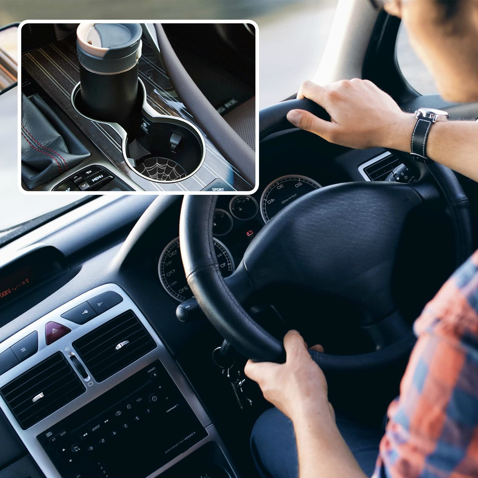 Goth Spider Web Car Coasters 2 Pack - 2.5 Inch Unisex Non-Slip Cup Holder for Cars, Water Absorbent & Detachable - Perfect for Halloween Decor, Gothic Style Vehicles & Coffee Lovers