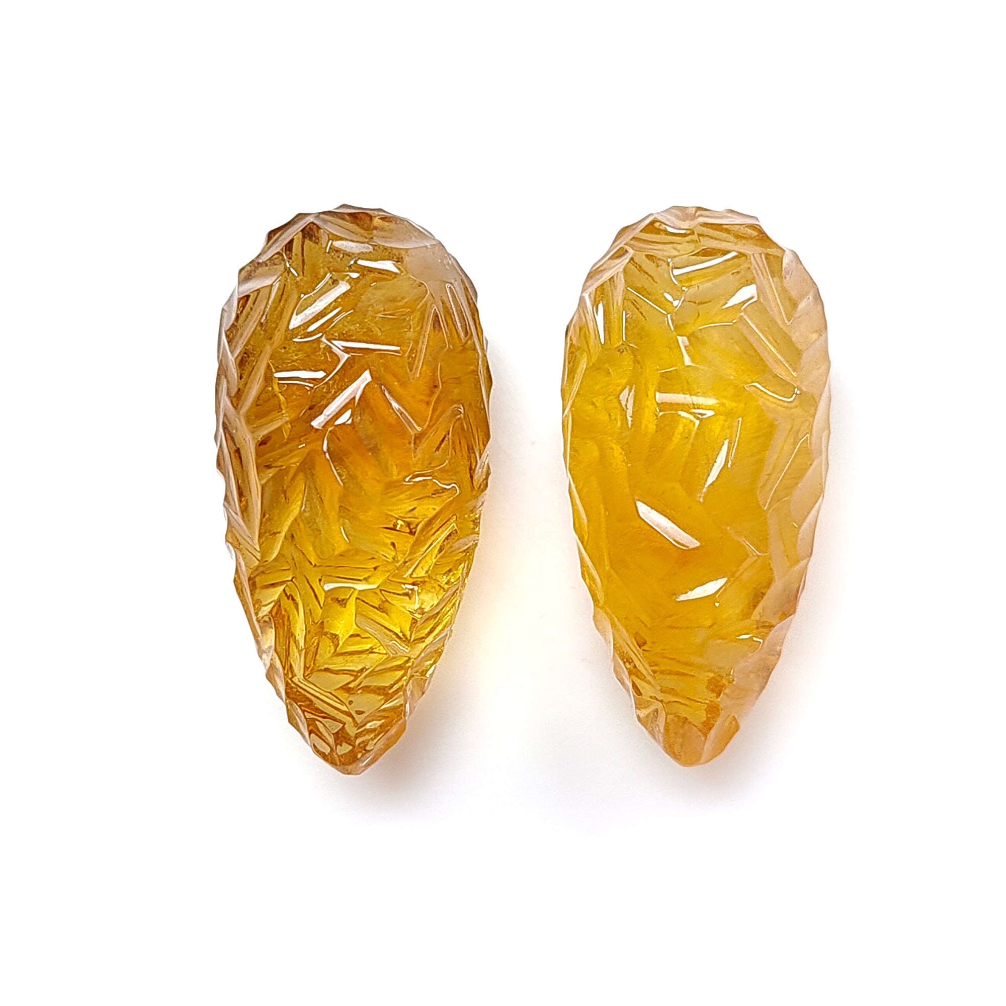 Natural Untreated Yellow Citrine Gemstone Carving - 90.70cts Hand Carved Teardrop Shape Pair (31mm) | November Birthstone Jewelry Making Supplies | Perfect for Necklace Pendants, Earrings & Gift Giving