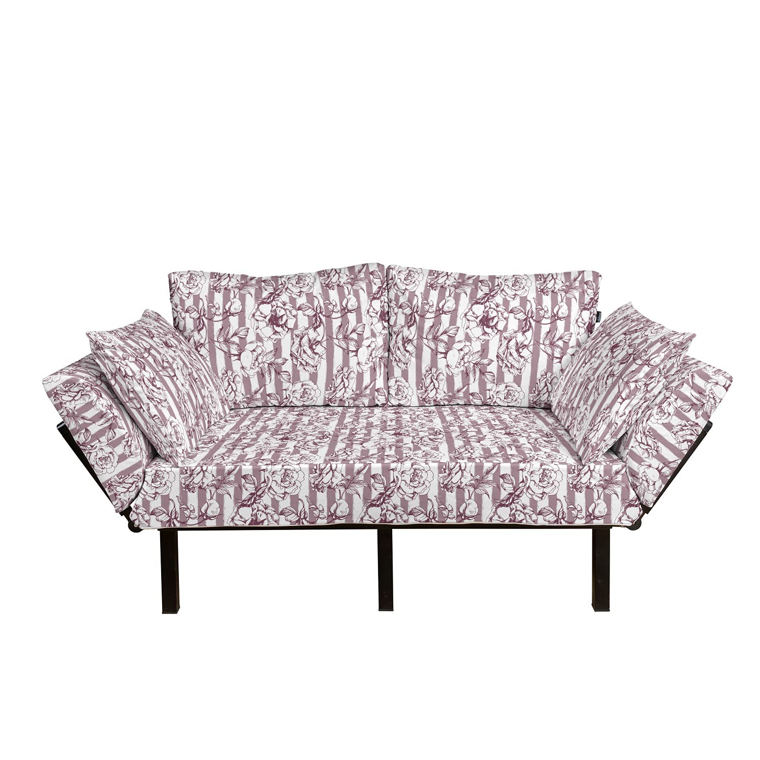 Ambesonne Floral Futon Couch with Metal Frame - Romantic Wild Peonies & Grunge Stripes Upholstered Daybed Sofa for Living Room, Dorm, Loveseat (Grey Pink Warm Taupe) - Perfect for Small Spaces, Guest Rooms & Cozy Reading Nooks
