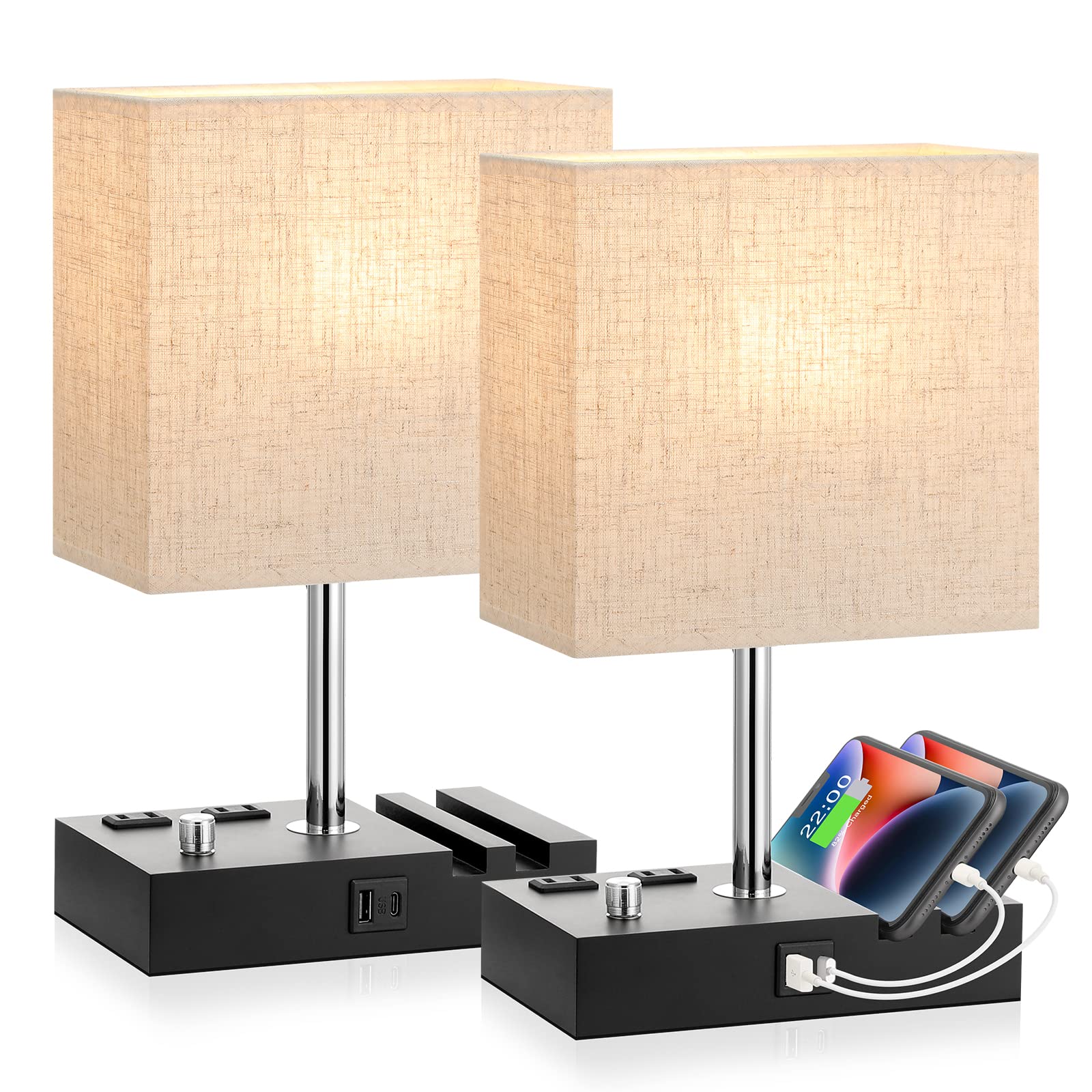 Kakanuo Set of 2 Dimmable Bedside Lamps with USB C Port & Charging Outlets - Beige Wooden Nightstand Lamps with LED Bulbs & Phone Stand for Bedroom, Living Room | Perfect for Reading, Charging Devices & Creating Cozy Ambience