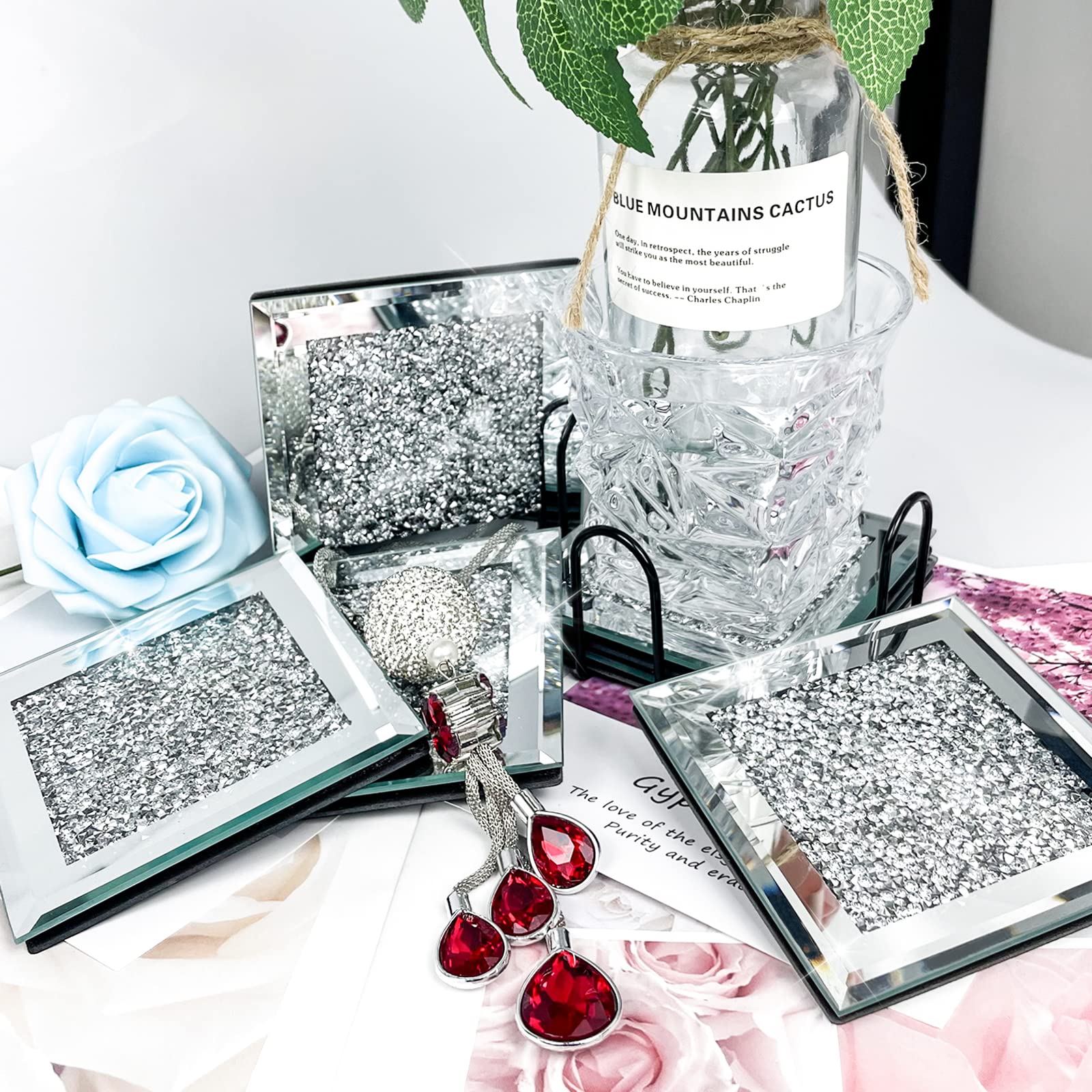 6 Sets Modern Bling Bling Crystal Glass Mirrored Drink Coasters with Holder - 4x4 Inches Crushed Diamond Design for Coffee Tables, Bars, and Home Decor - Protect Furniture from Scratches and Stains
