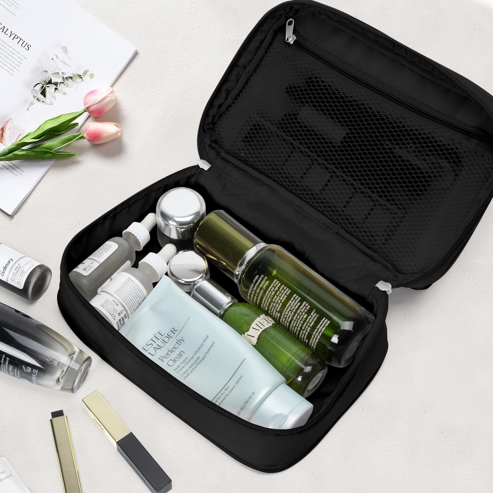 Portable Travel Cosmetic Bag for Women - Waterproof Makeup Organizer with Wide Opening, Toiletry Pouch for Cosmetics & Skincare Essentials (Black) | Perfect for Air Travel, Gym, Beach & Daily Use