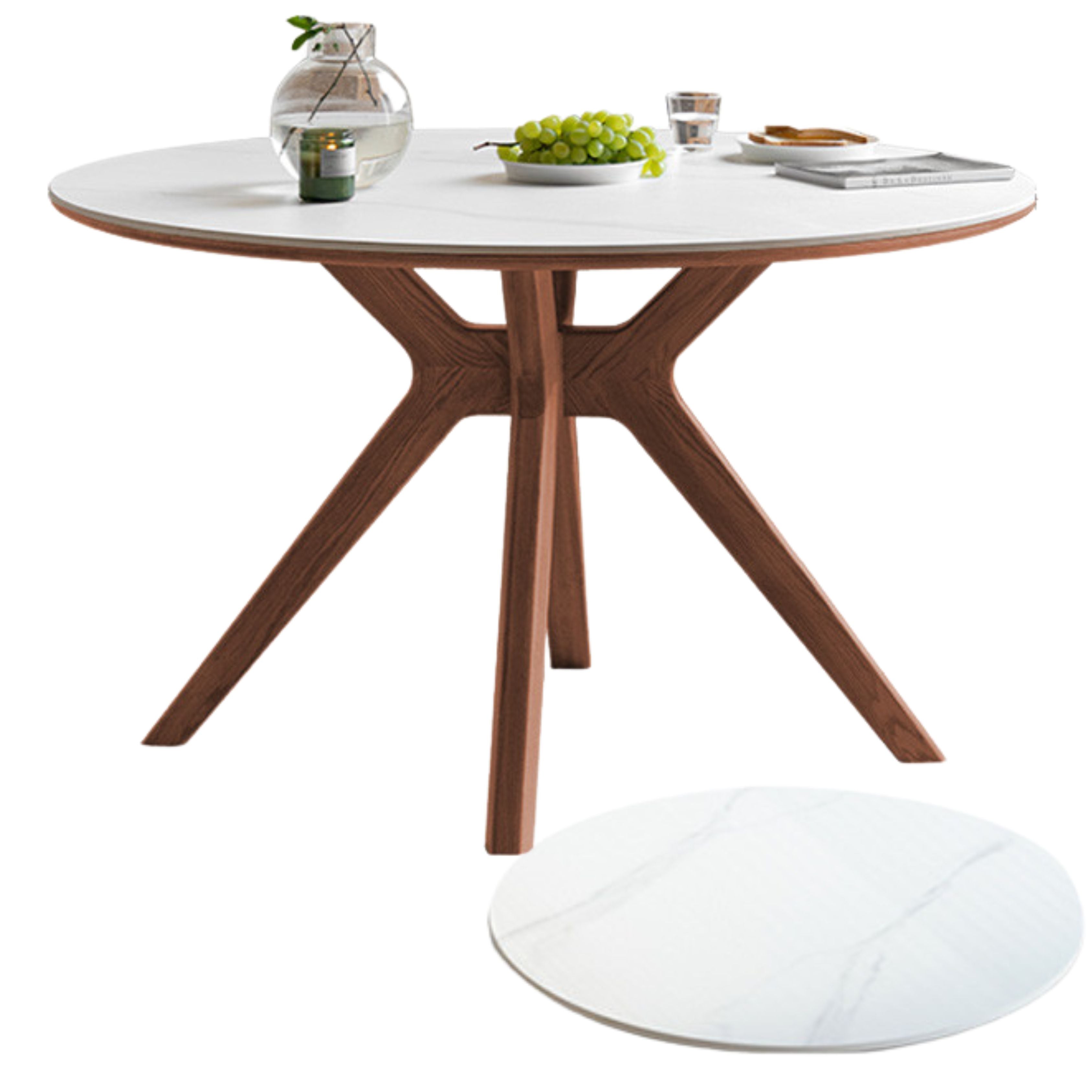 47.2x47.2x29.9 inch / 120x120x76 сm / Rich Dark Walnut color / Top White color / Dining Table Slate top+ slate turntable