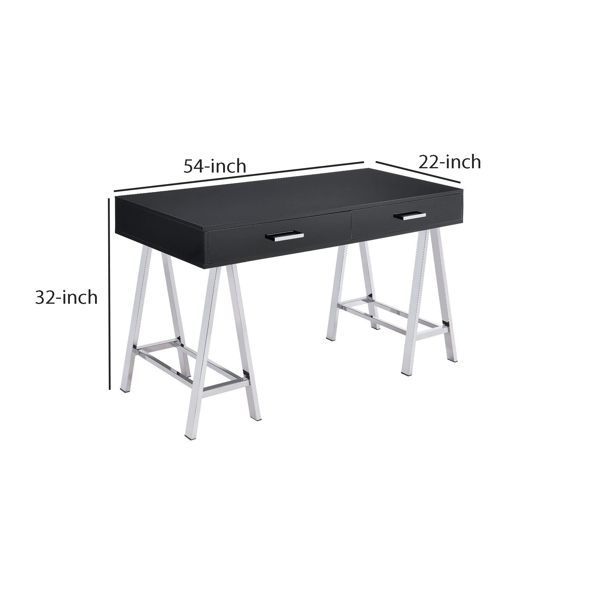 Benjara Modern Writing Desk with 2 MDF Drawers & Metal Legs - Black & Chrome Finish | Home Office Desk for Small Spaces, Study & Workstation
