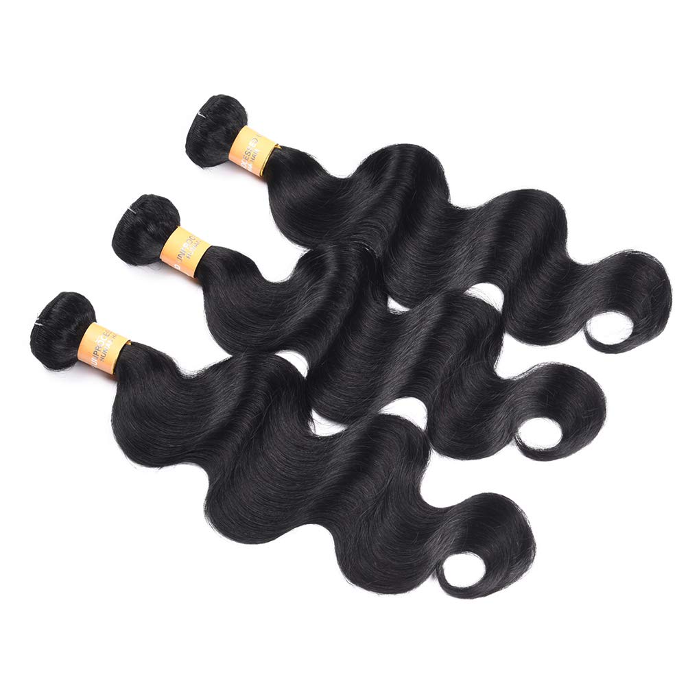 WOME Brazilian Human Hair Bundles 100% Natural Black Body Wave Hair Weaves - 3 Bundles Human Hair Extensions (16