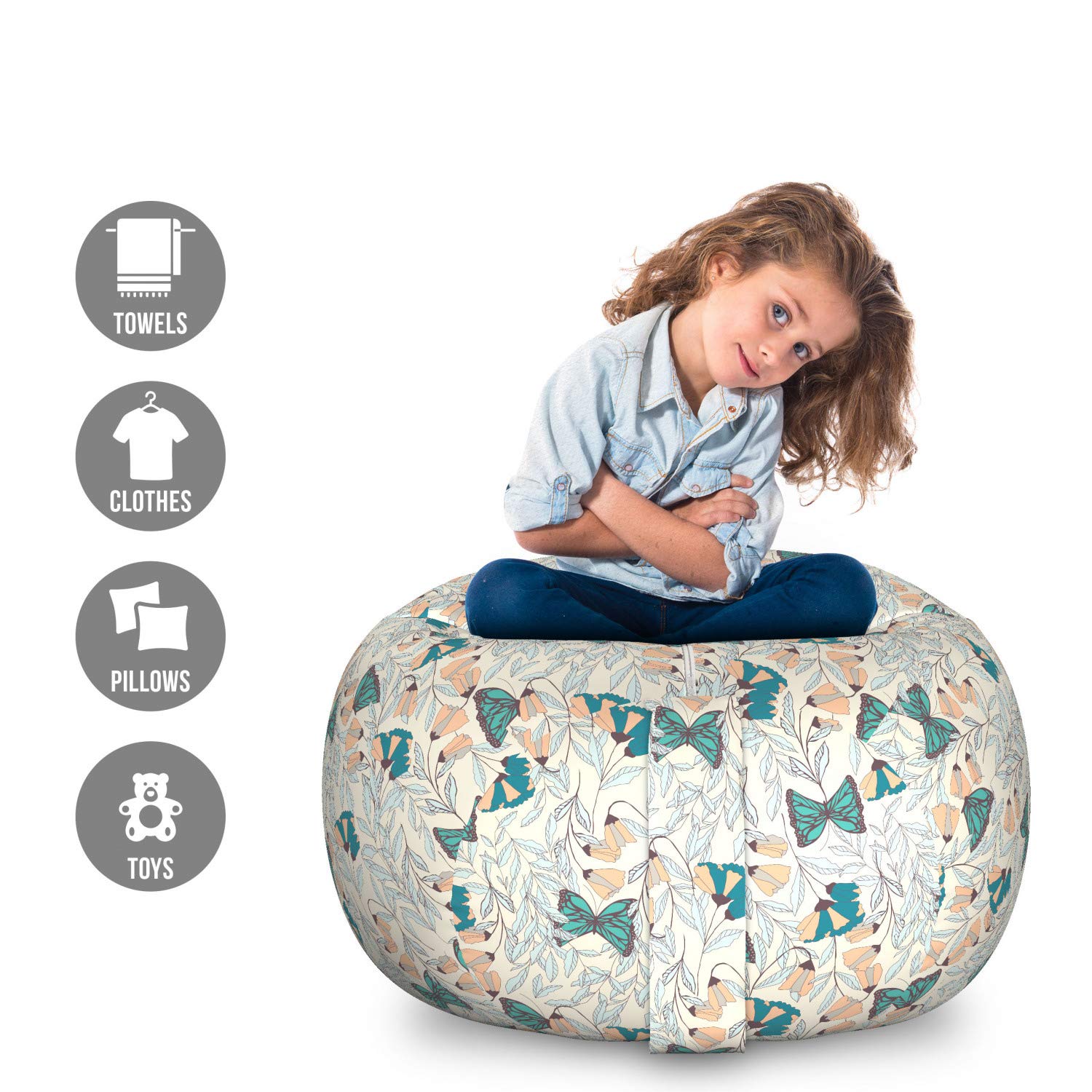 Ambesonne Floral Storage Toy Bag Chair - Large Washable Stuffed Animal Organizer with Burgeoning Flowers & Monarch Butterflies Design in Eggshell Dark Seafoam | Kids Room Decor, Playroom Storage, Nursery Organization
