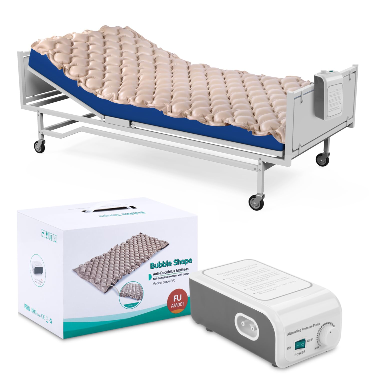 Alternating Air Pressure Mattress for Hospital Beds - Anti Decubitus & Home Care Air Mattress with Pump (Cream) - Ideal for Pressure Ulcer Prevention & Patient Comfort