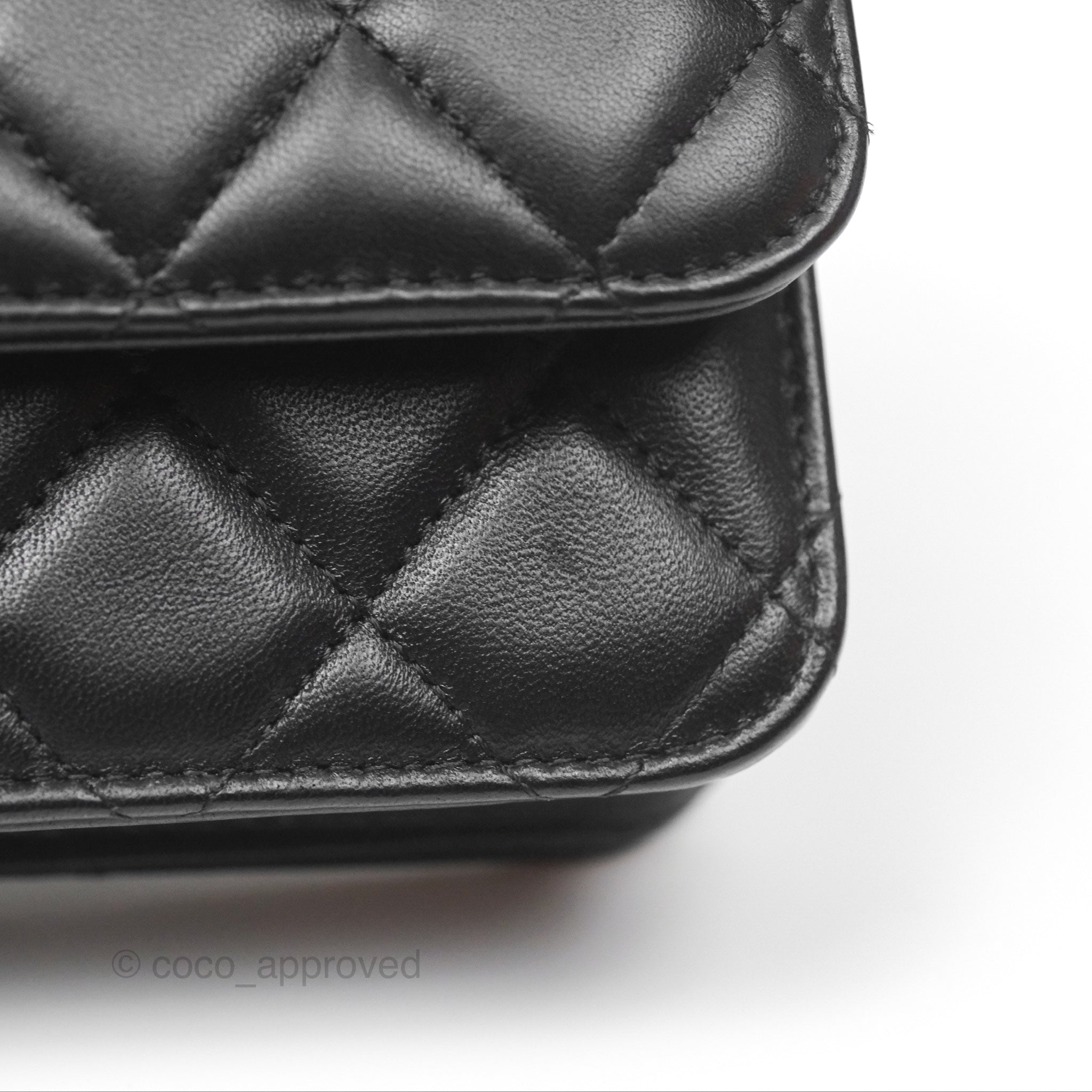 Chanel Camellia Handle Mini WOC Phone Holder Crossbody Bag with Chain - Black Lambskin Leather 23K Gold Hardware | Luxury Evening Out & Date Night Accessory