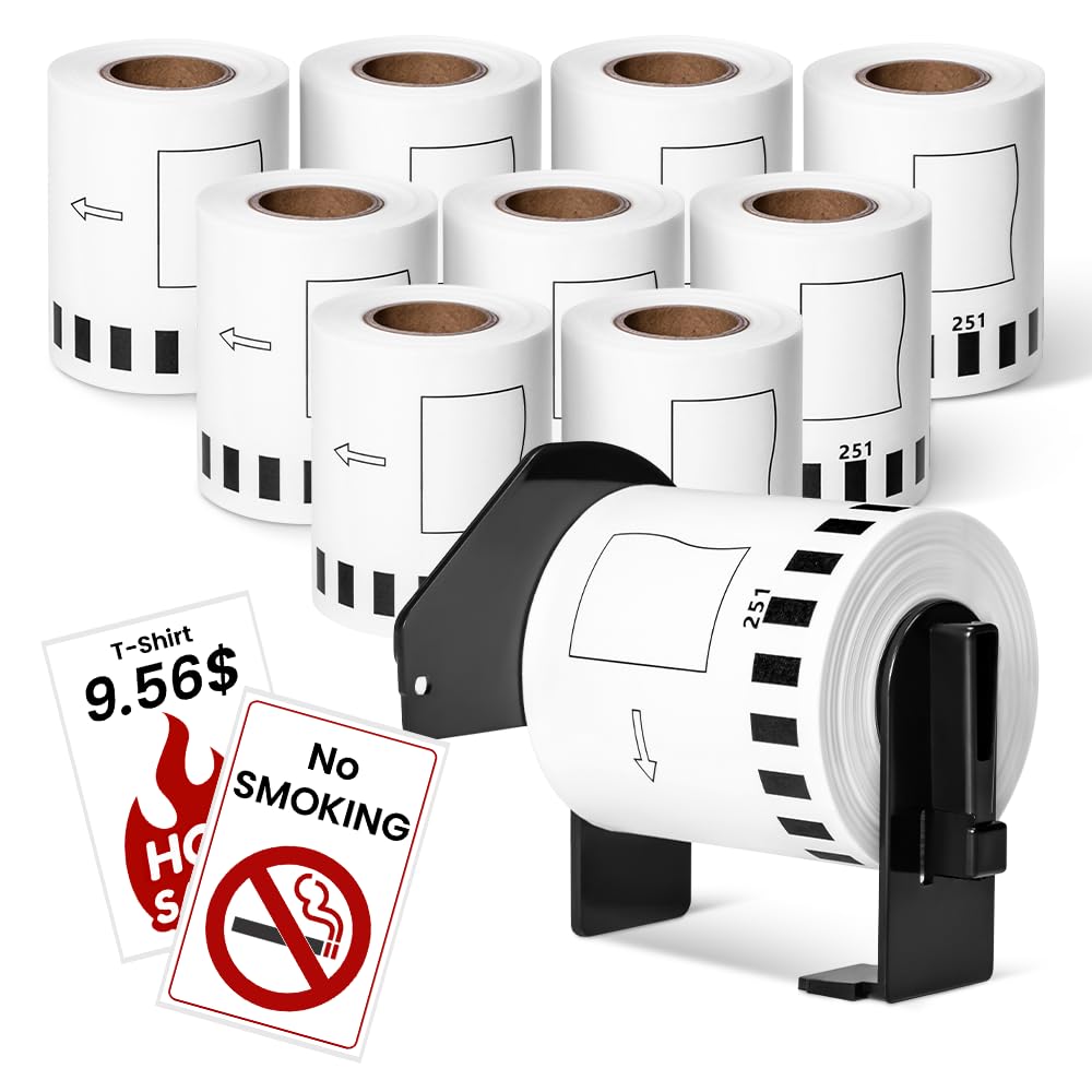 MarkDomain 10 Rolls DK-2251 Continuous Thermal Label Tape - Black/Red on White Paper - Compatible with Brother DK2251, QL-800, QL-810W, QL-820NWB Printers - 2.4” x 50 Feet per Roll with 1 Frame - Perfect for Shipping Labels, Inventory Tags & Retail Pricing