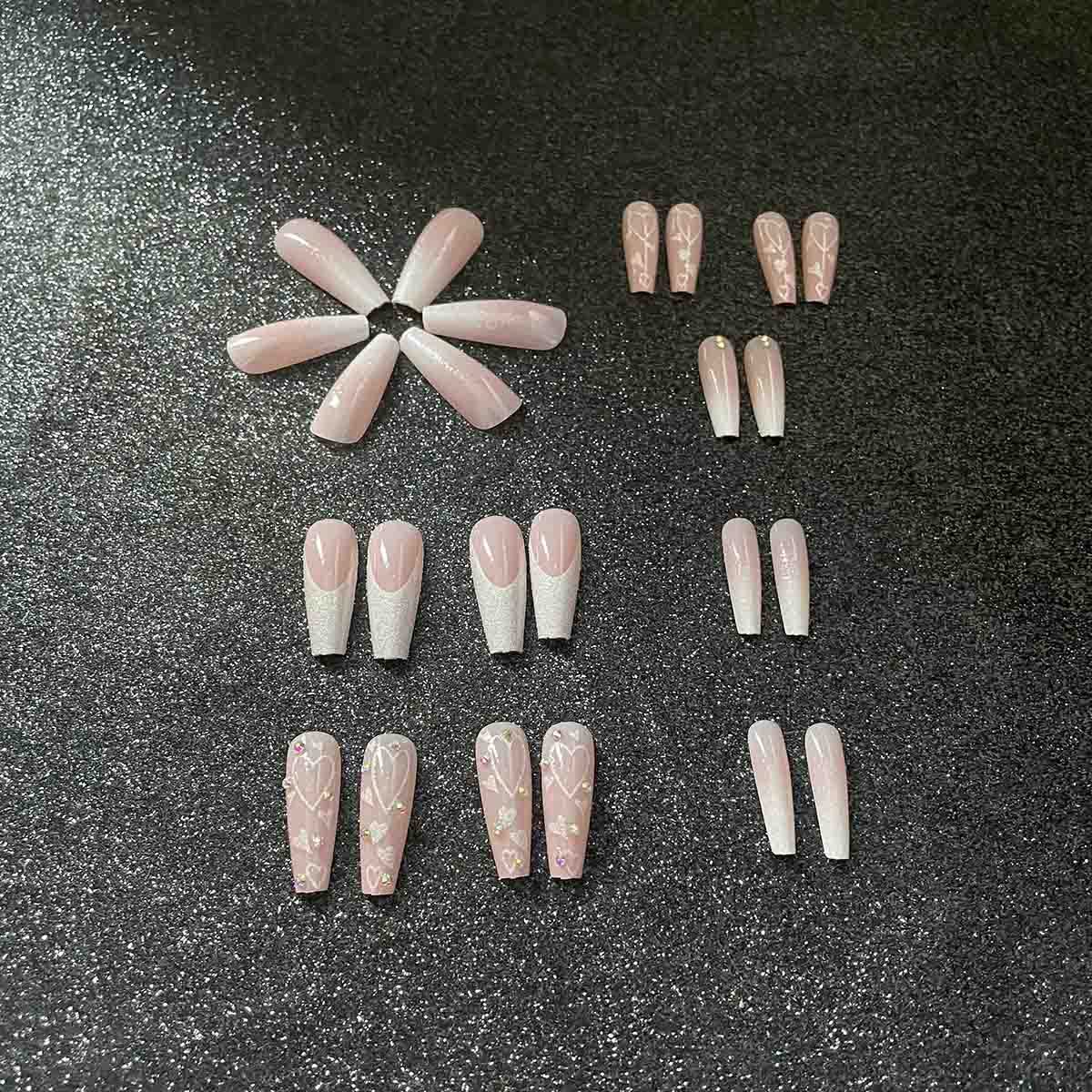 Carufin 24Pcs Long Coffin Press on Nails with Glossy Shine & Heart French Tip - Acrylic False Nails for Women & Girls (Style D) - Perfect for Parties, Weddings, and Special Occasions