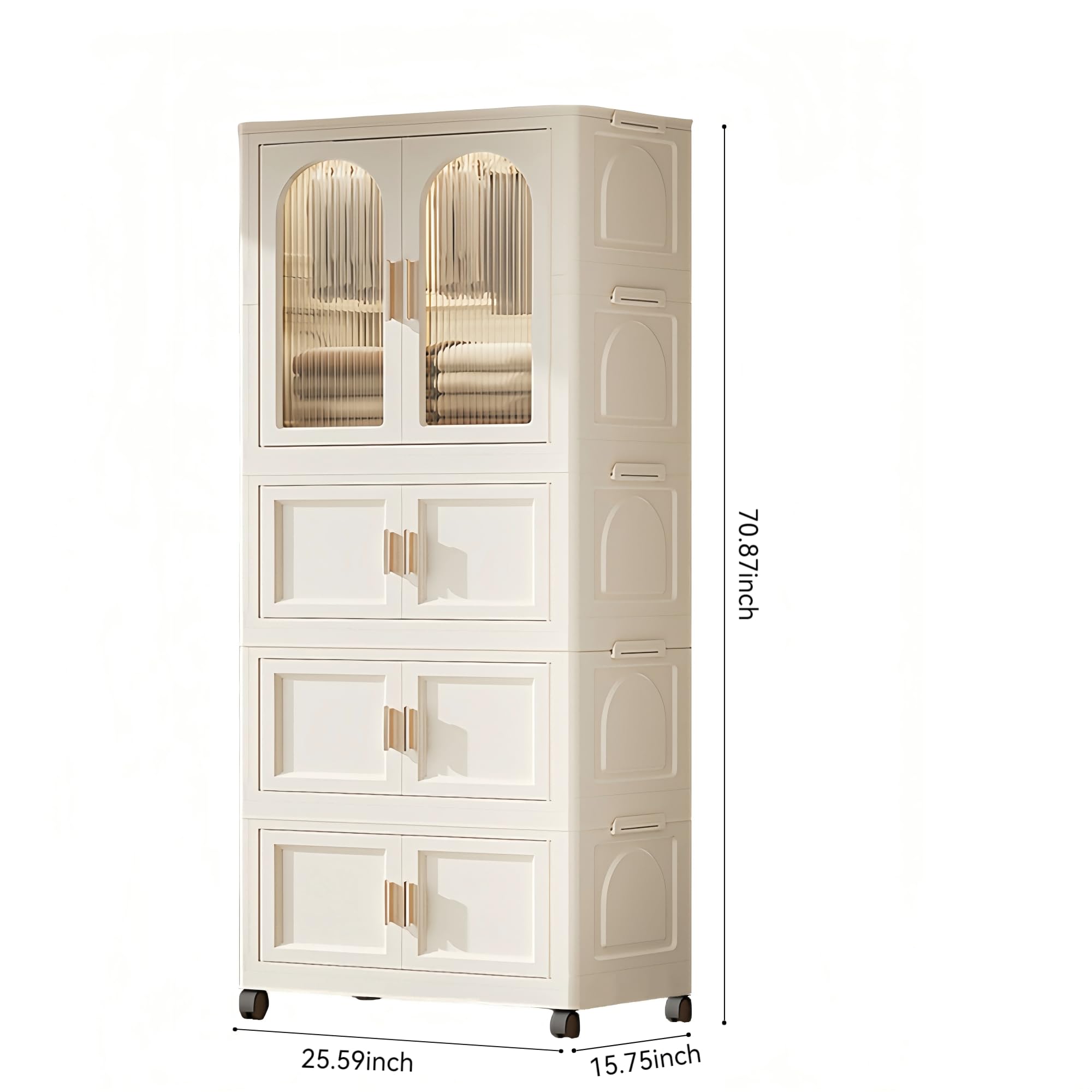 Foldable Storage Bins with Lids & Wheels - Cream White Organizer Box with Doors for Bedroom, Closet & Home Organization (70.87
