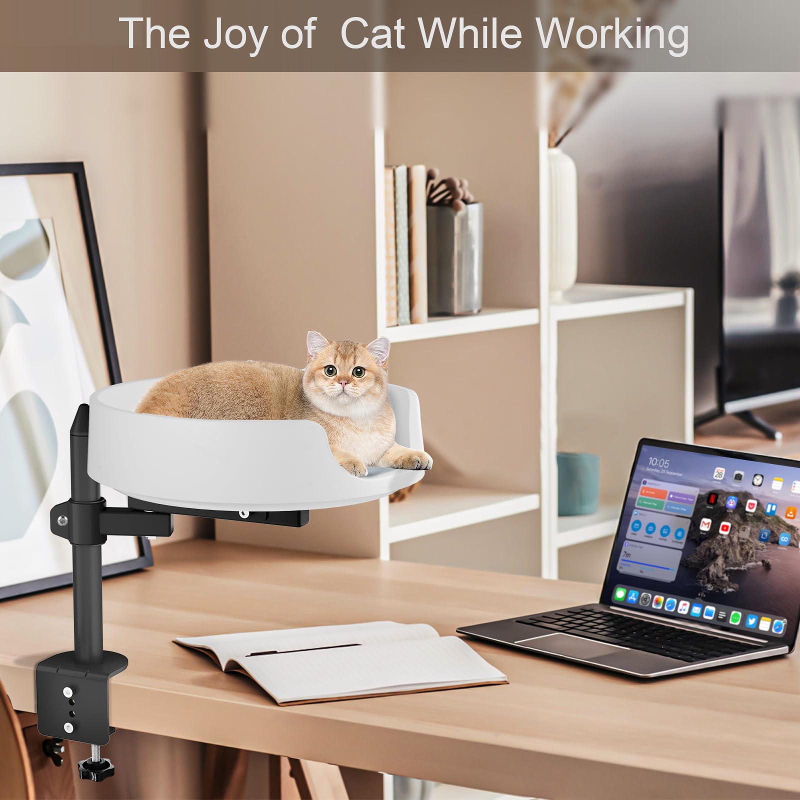 Elevated Cat Bed for Desk - Rotatable 45° Cat House with Pet Cushions - Keep Your Kitten Close & Workspace Organized - Perfect for Home Office, Study or Small Spaces