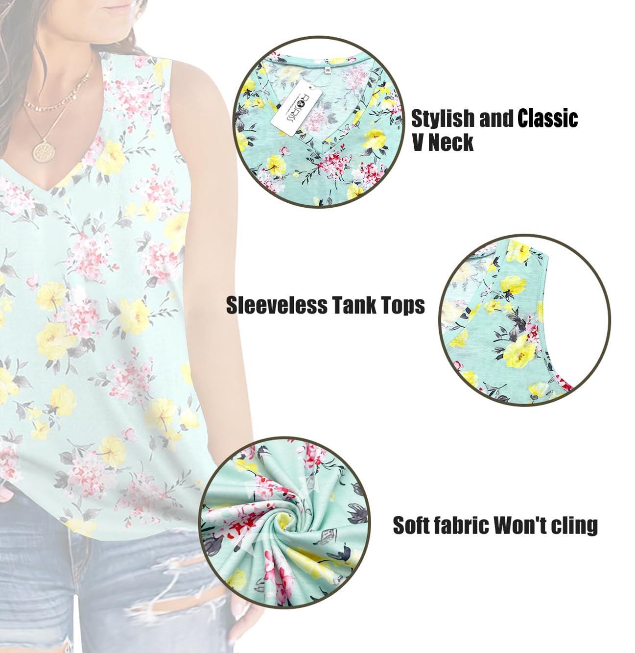 ROSRISS Women's Plus Size V Neck Sleeveless Tank Tops - Summer Casual Tunic Tee Shirts for Workout, Beach & Everyday Wear