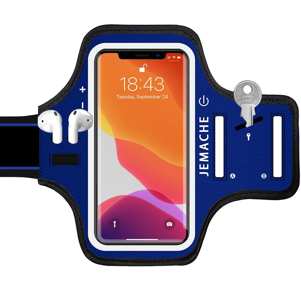 JEMACHE iPhone 16 15 Pro Armband - Running & Gym Workout Arm Band for iPhone 16/15/14/13/12 Pro with AirPods Holder - Navy Blue - Perfect for Jogging, Fitness Training & Outdoor Activities