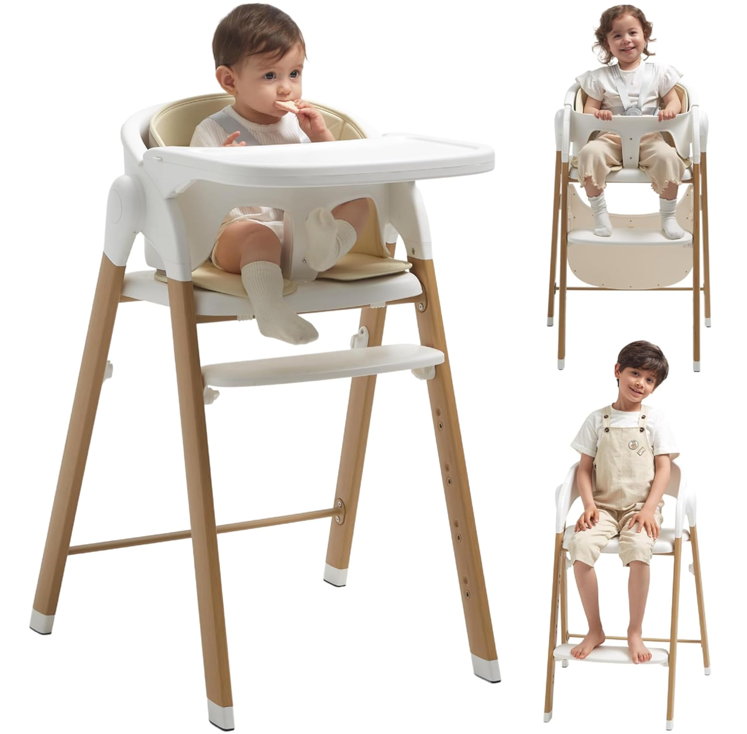 **Adjustable Convertible Baby High Chair with 5-Point Harness & Removable Tray – Foldable, Easy-Clean Wood-Printed Metal Design for Infants & Toddlers – Perfect for Dining, Feeding & Family Meals (White & Natural Wood-Printed Metal)**