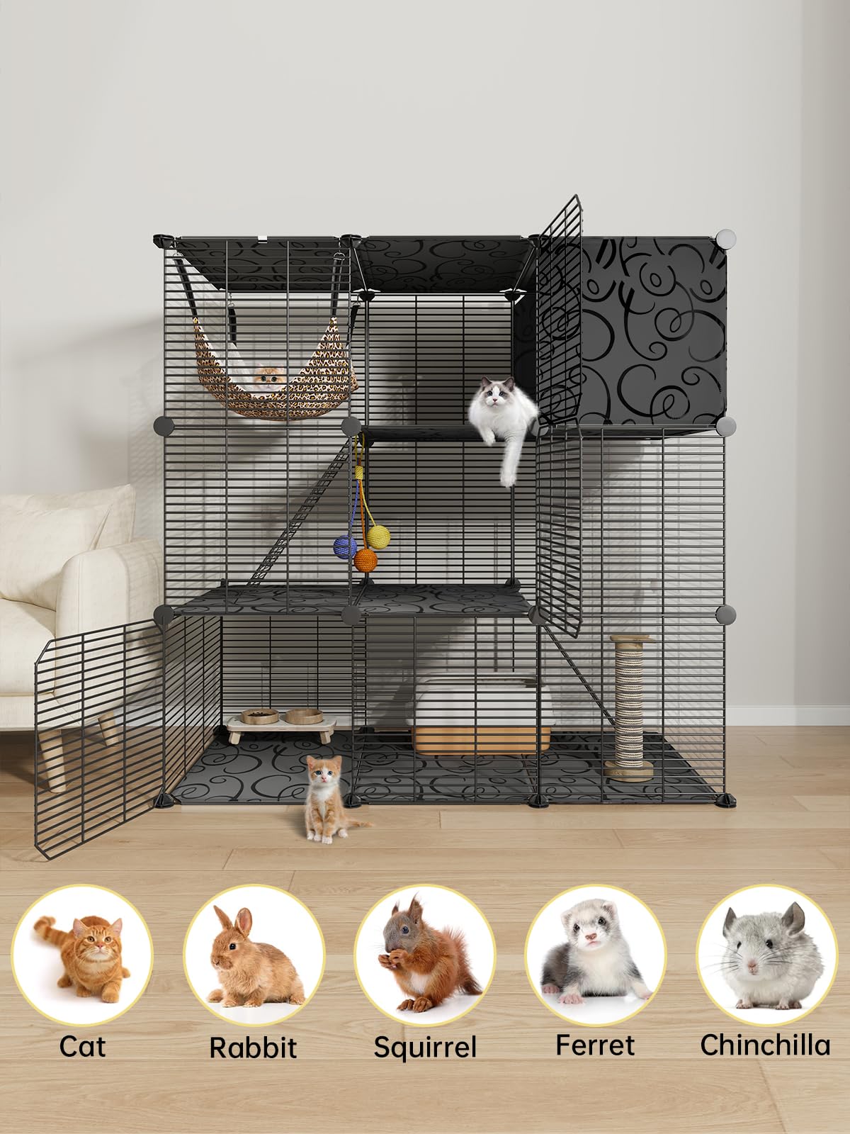 3-Tier Indoor Cat Cage with Toy Ball & Hammock - Large Cat Enclosure for 2-3 Cats, DIY Detachable Metal Wire Playpen for Ferrets, Squirrels & Small Pets - Perfect for Home, Apartment & Pet Play Areas