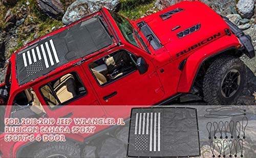 2018-2019 Jeep Wrangler JL 4-Door Sunshade Mesh Top Cover - UV Protection Accessory with Black US Flag Design | Perfect for Off-Roading & Summer Driving