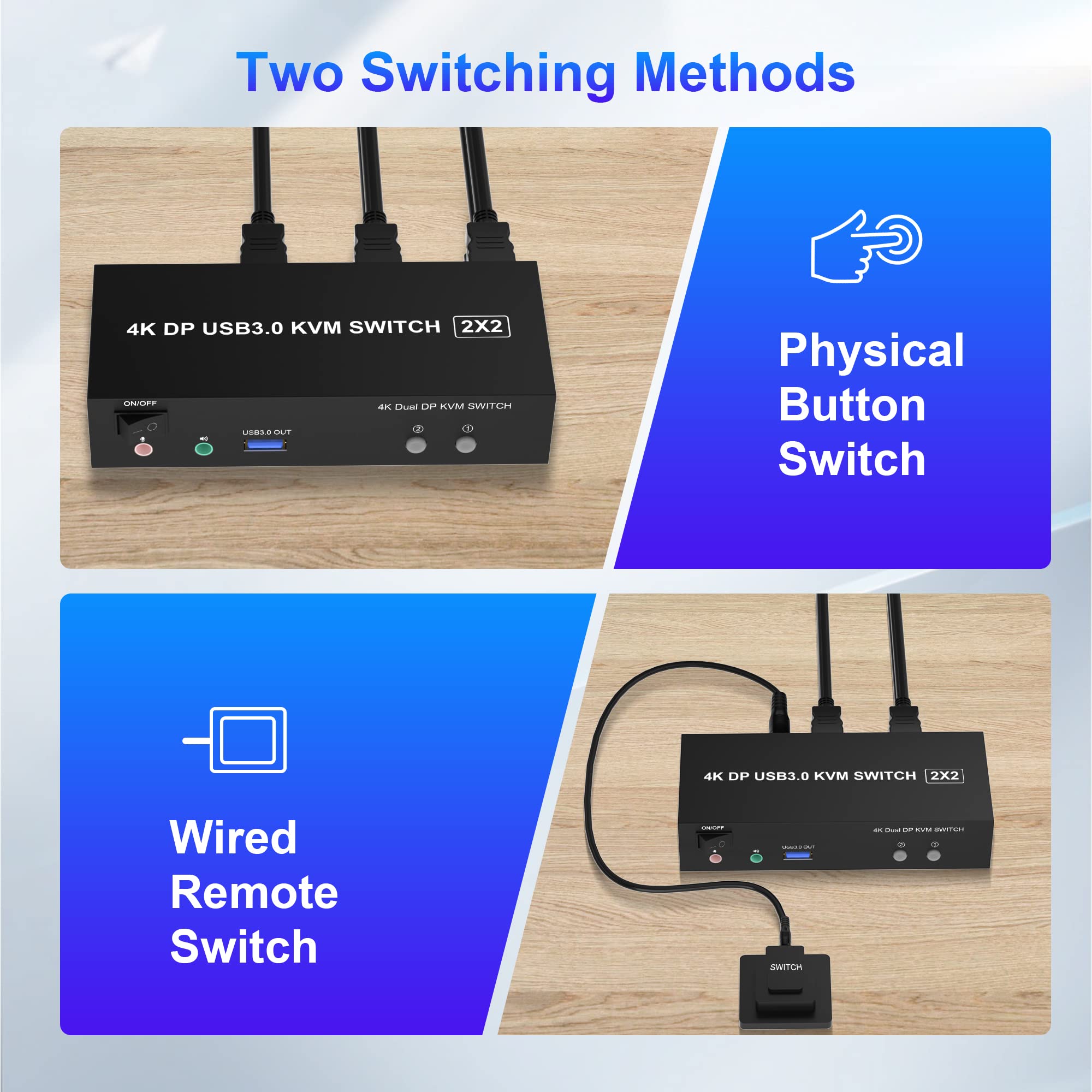 4K@60Hz Dual Monitor USB 3.0 DisplayPort KVM Switch - 2 Computers to 2 Monitors with Audio, Microphone & 3 USB Ports | Perfect for Home Office, Gaming Setup and Multi-PC Workstations