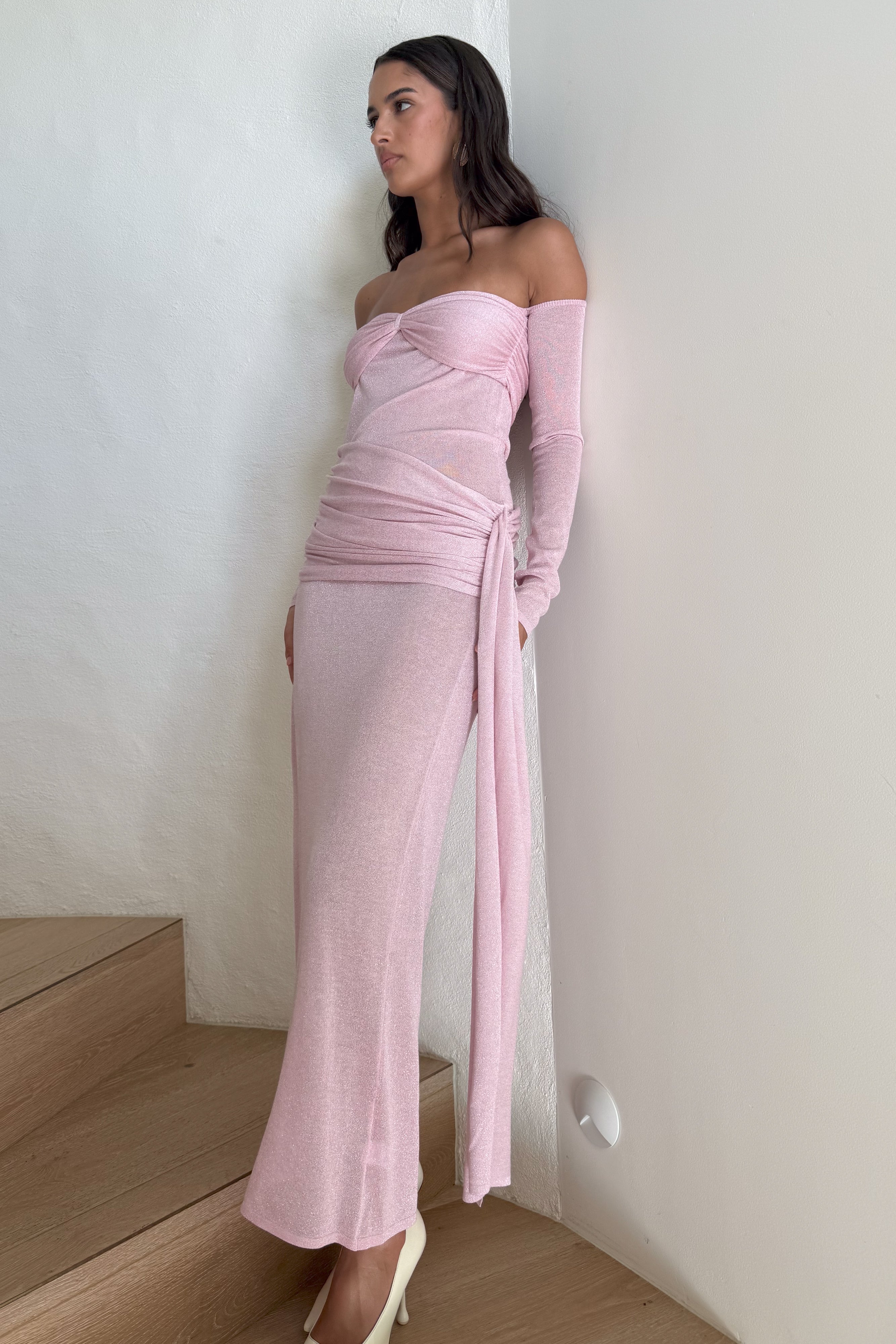 Ingrid Metallic Knit Maxi Dress for Women - Elegant Baby Pink Long Sleeve Evening Gown for Parties, Weddings & Special Occasions