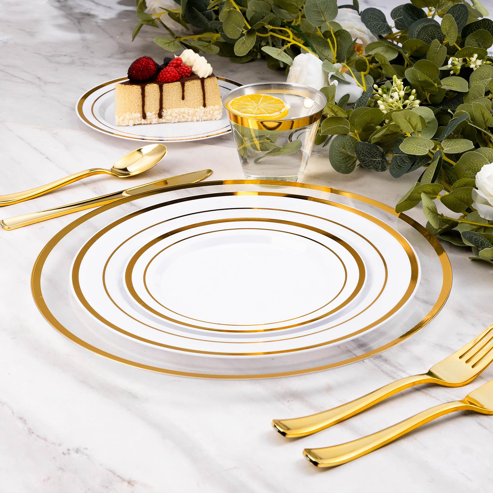 Goodluck 12 Inch Gold Charger Plates - 50 Pack Disposable Plastic Dinner Plates with Elegant Gold Trim for Weddings, Parties & New Year Celebrations - Perfect for Formal Dining, Buffet Service & Special Events