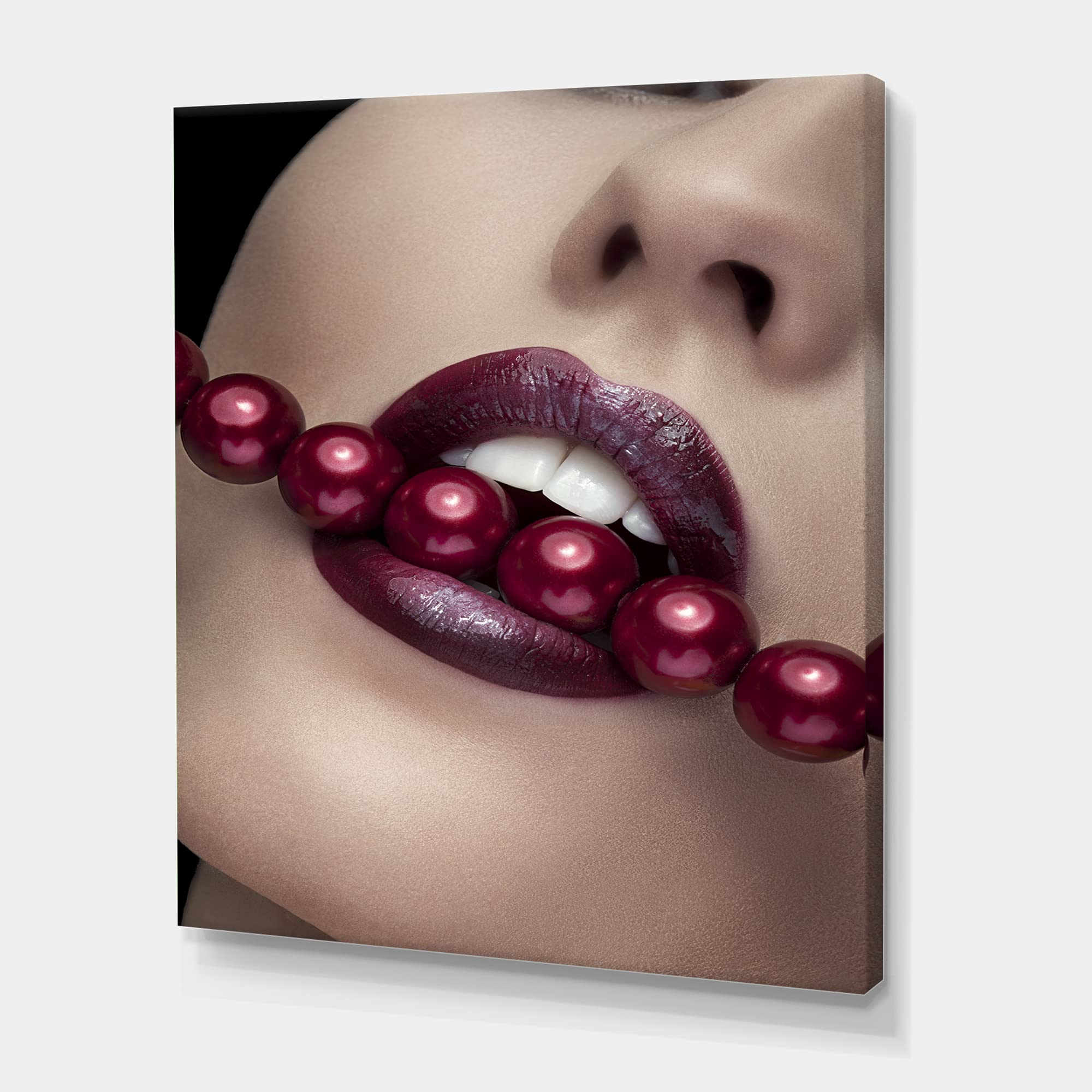 DesignQ Modern Canvas Wall Art - Red Lips & Pearls Biting Woman Painting - Perfect for Living Room, Bedroom, or Office Decor