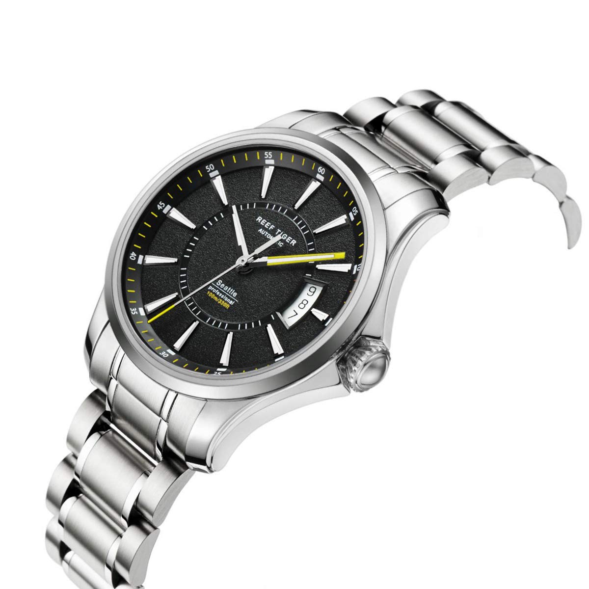 REEF TIGER Men's Waterproof Stainless Steel Sports Watch with Luminous Black Dial - RGA166 - Perfect for Diving, Swimming & Outdoor Activities