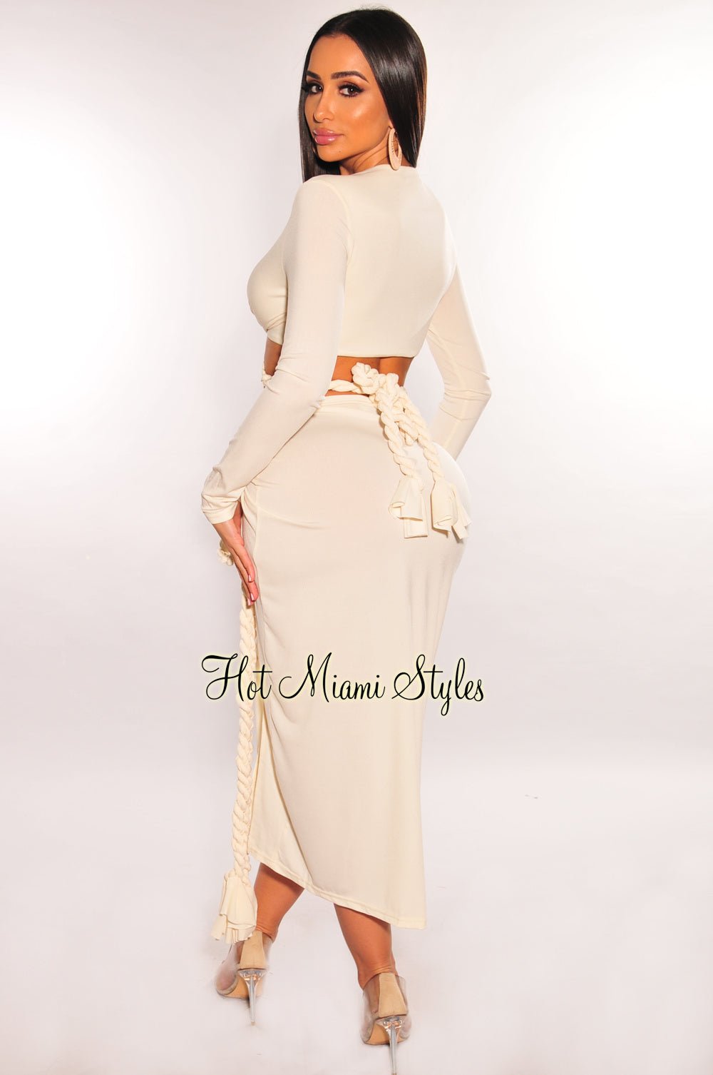 Women's Cream Long Sleeve Wrap Top & Twist Rope Skirt Two Piece Set - Elegant Outfit for Date Night, Party or Special Occasions