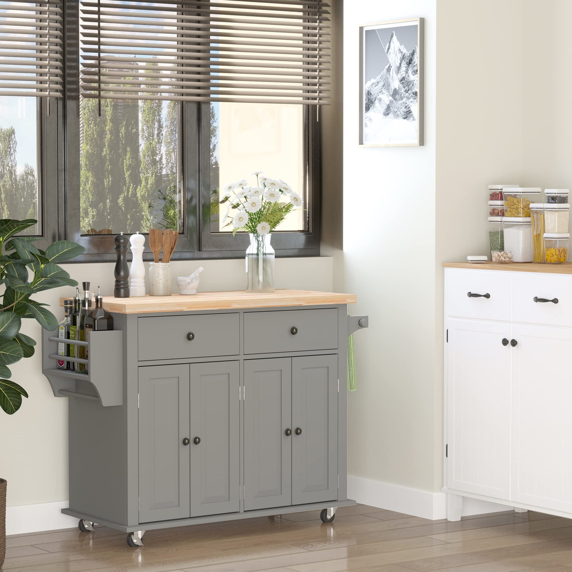 HOMCOM Mobile Kitchen Island Cart with Rubberwood Top, Spice Rack, Towel Bar & Storage Drawers - Grey | Perfect for Small Kitchens, Dining Rooms & Apartment Living